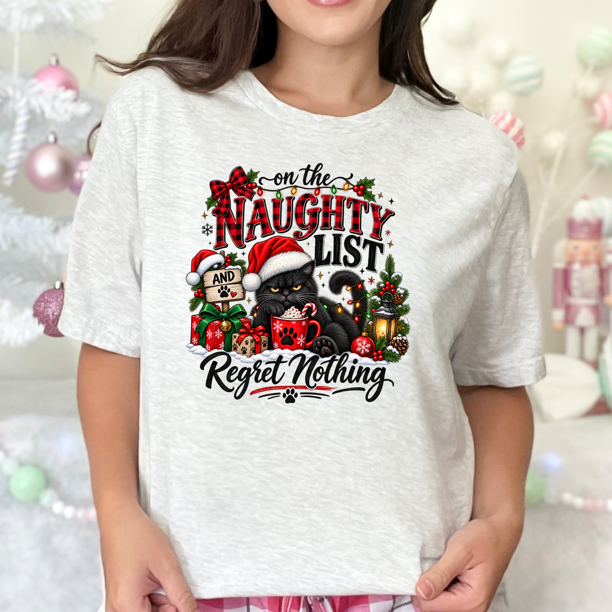 On The Naughty List Cat Graphic Tee - Ash