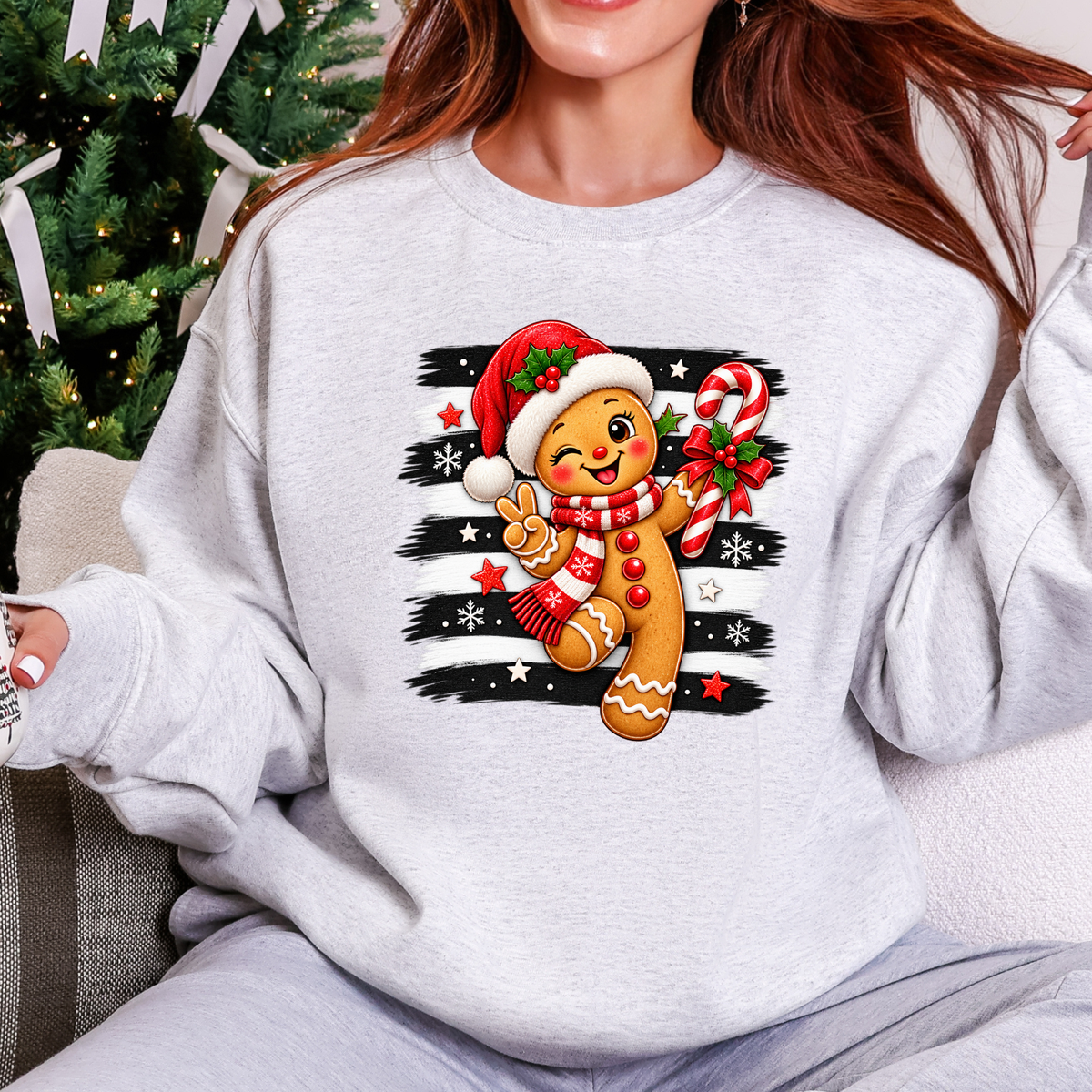 Cute Christmas Gingerbread Graphic Sweatshirt - Ash