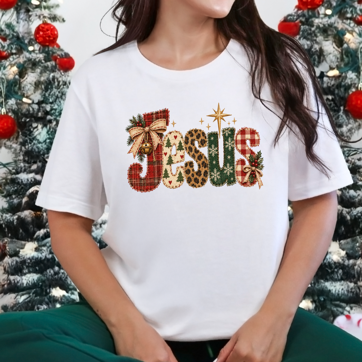 Christmas Patchwork Jesus Graphic Tee - White