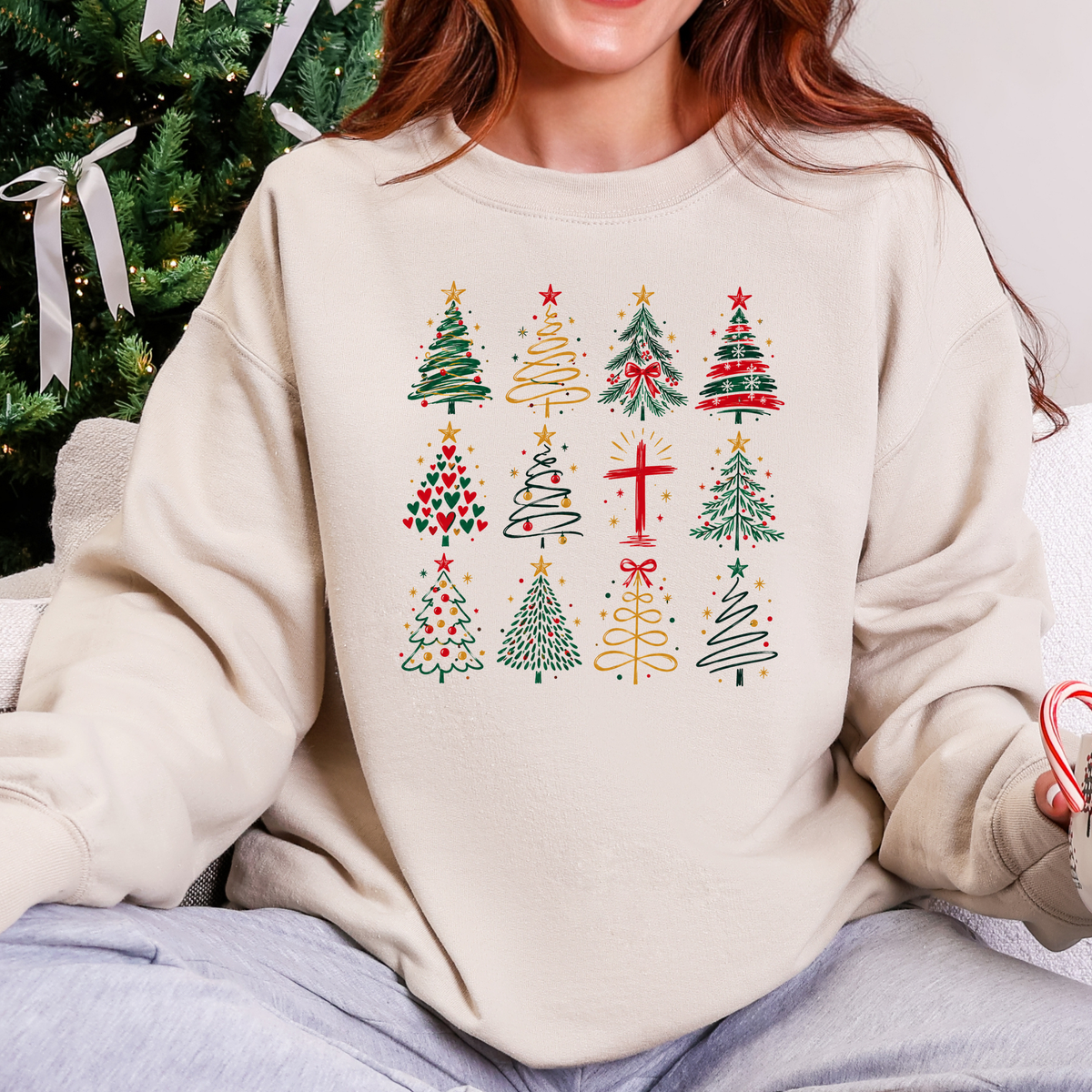 Christmas Tree Grid Graphic Sweatshirt - Sand