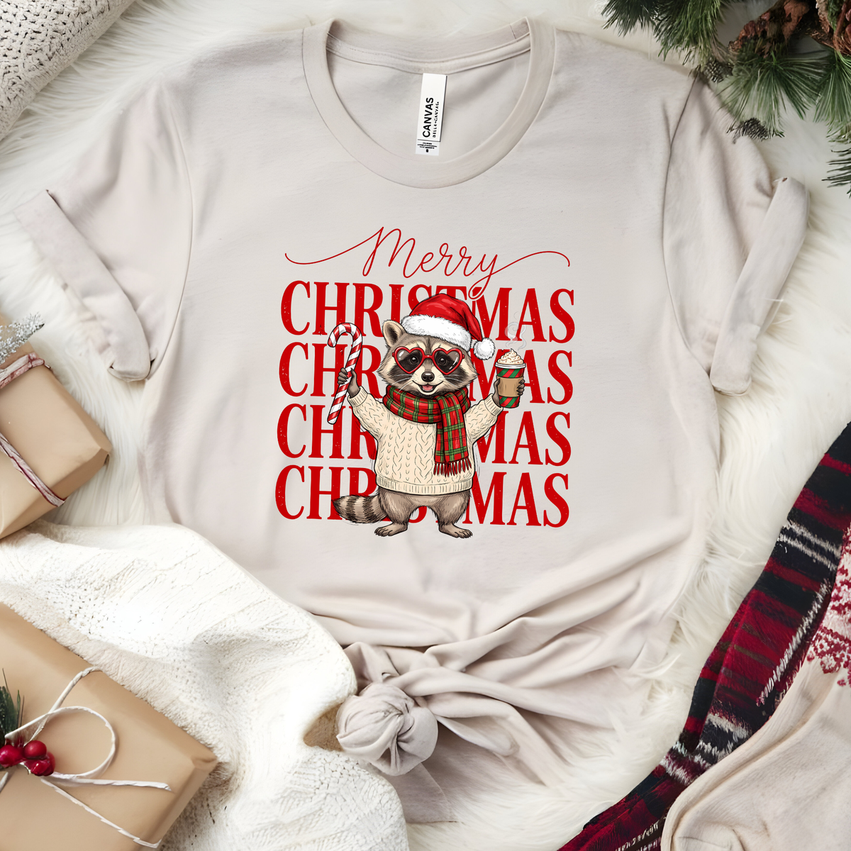 Merry Christmas Raccoon Graphic Tee - Heather Natural