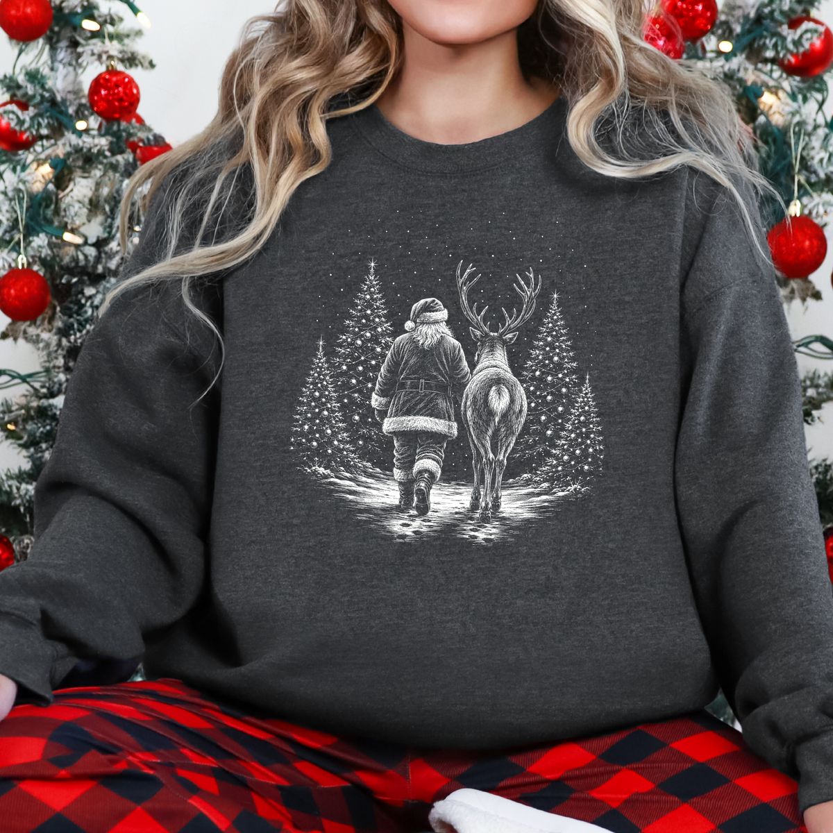 Retro Christmas Santa Reindeer Graphic Sweatshirt - Dark Heather
