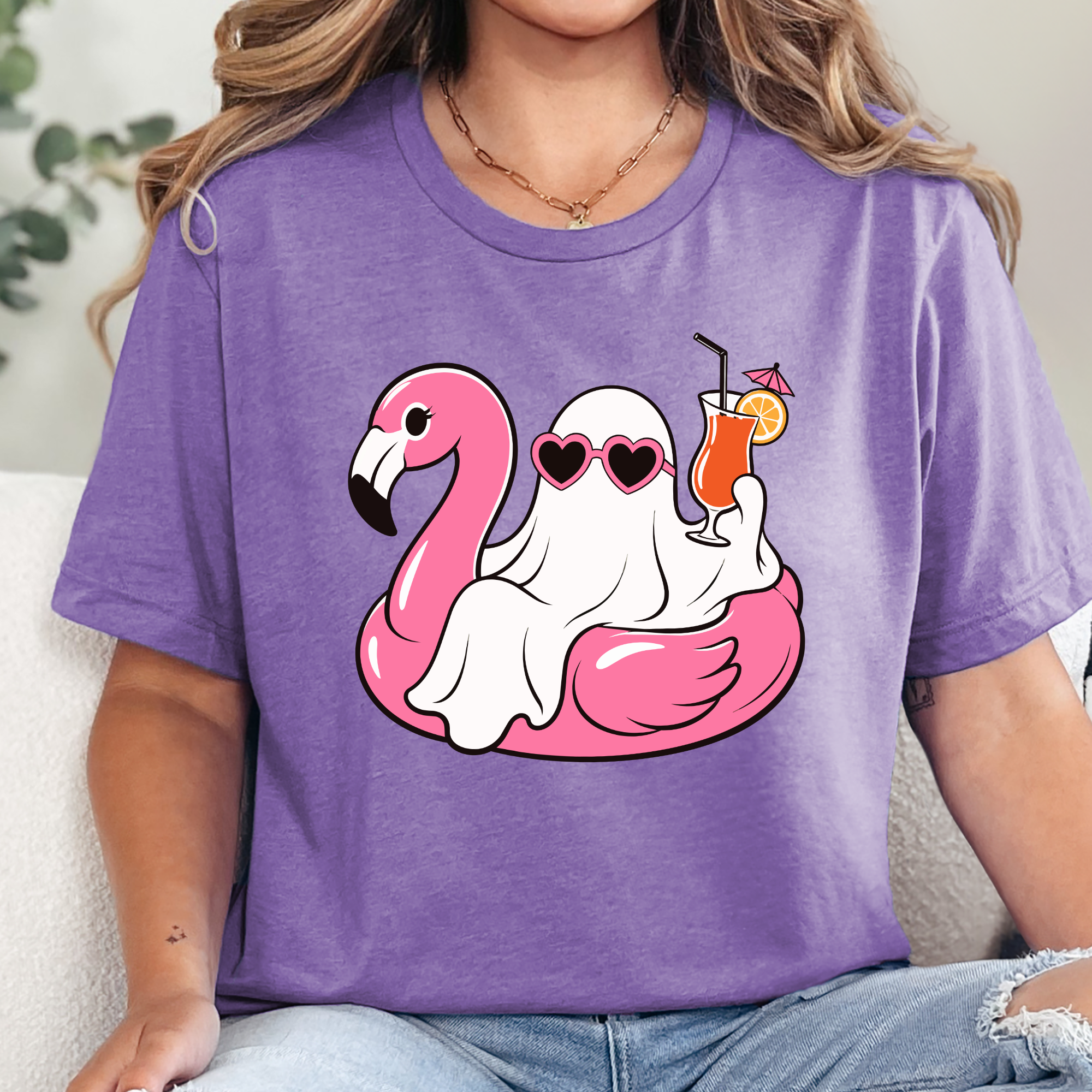 Ghost with Pink Flamingo Graphic Tee - Heather Team Purple
