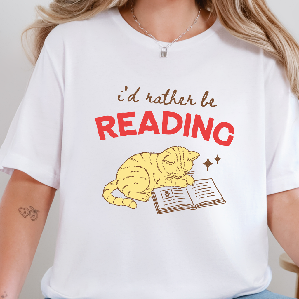 I'd Rather Be Reading Cat Graphic Tee - White