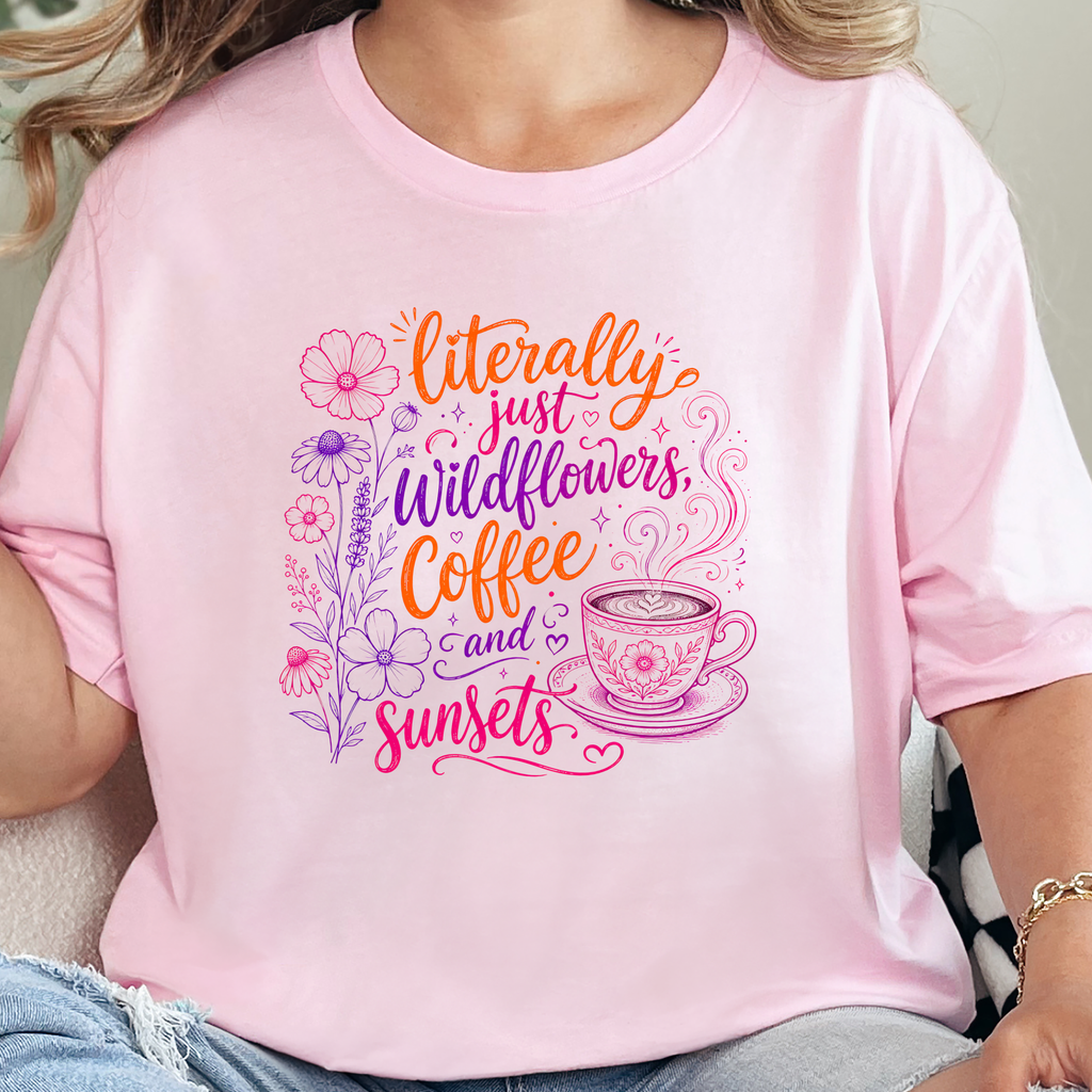 Wildflowers Coffee Sunsets Graphic Tee - Soft Pink
