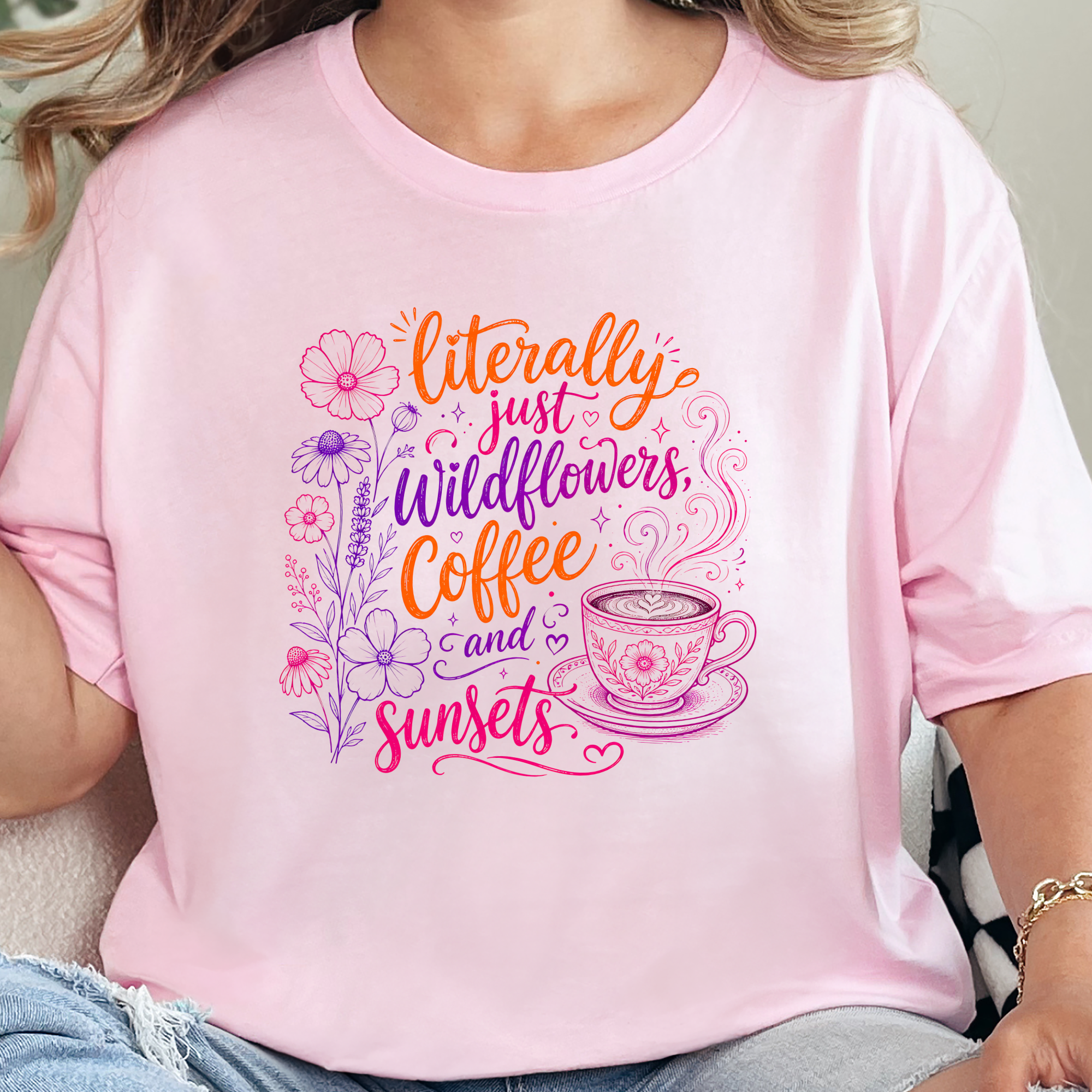 Wildflowers Coffee Sunsets Graphic Tee - Soft Pink