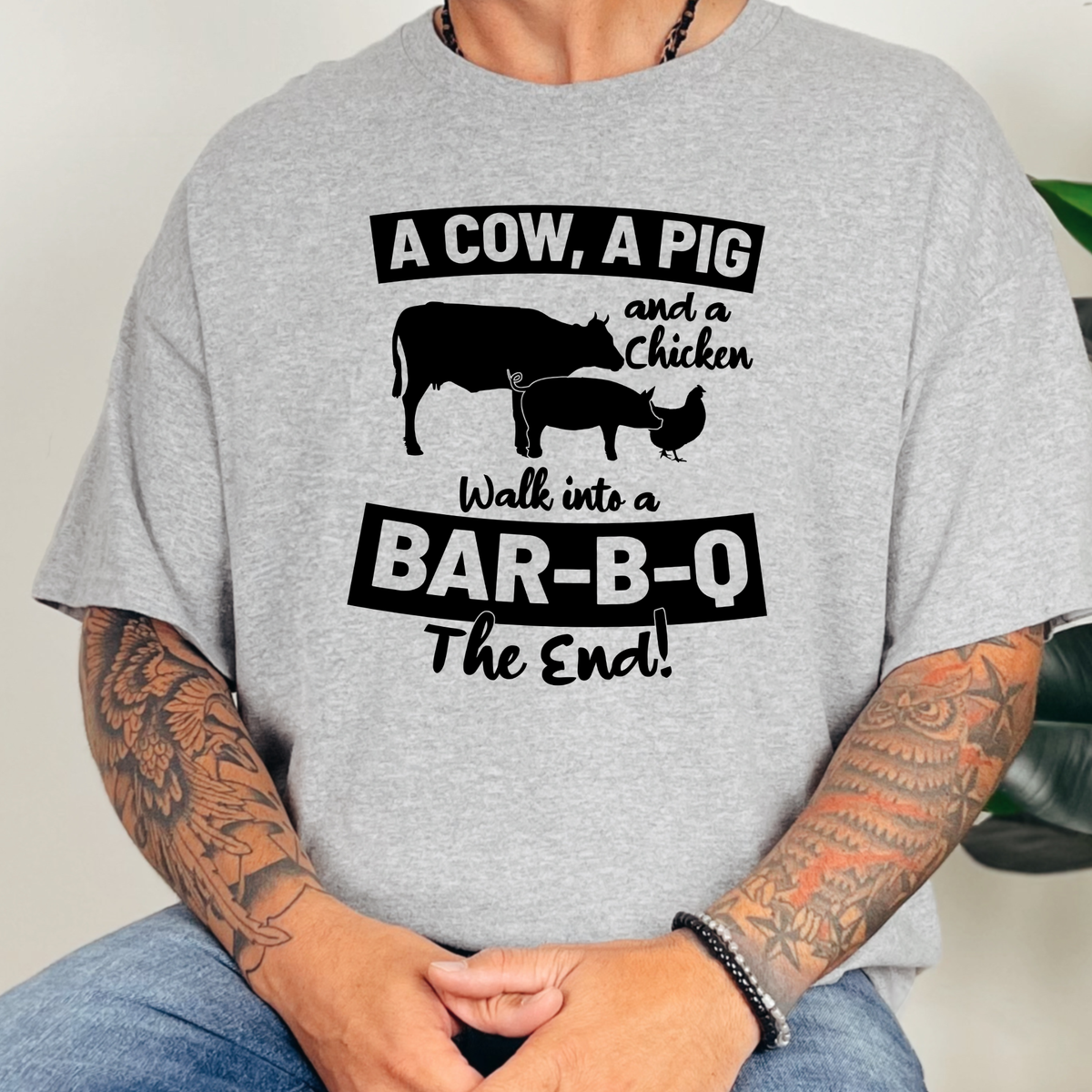 Cow, Pig & Chicken Bar B Q Graphic Tee - Grey