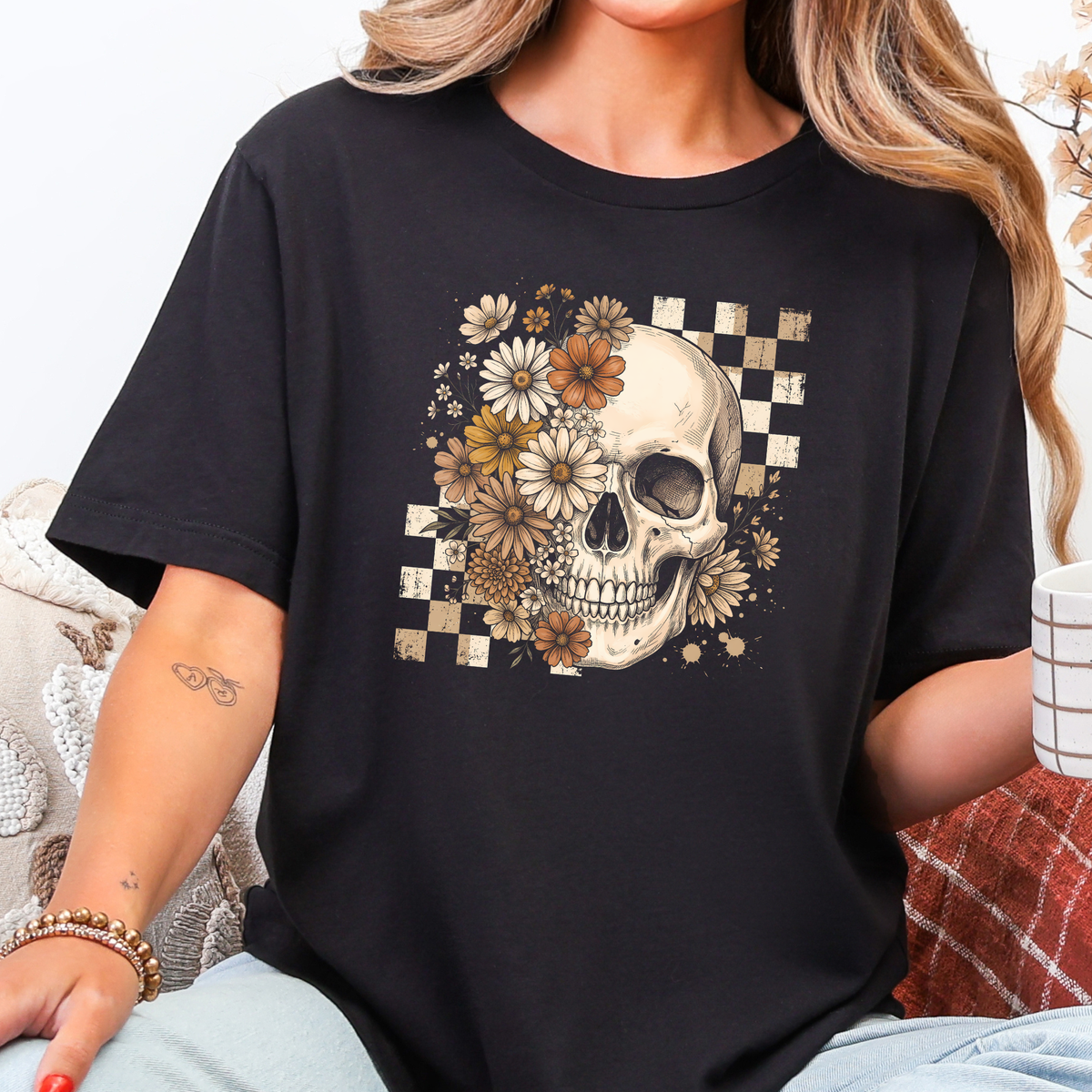 Retro Floral Skull Graphic Tee - Black