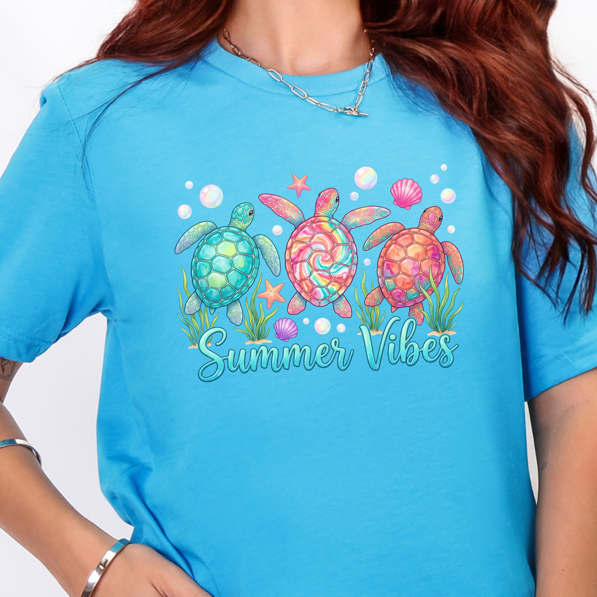 Summer Vibes Sea Turtles Graphic Tee - Heather Aqua Tee