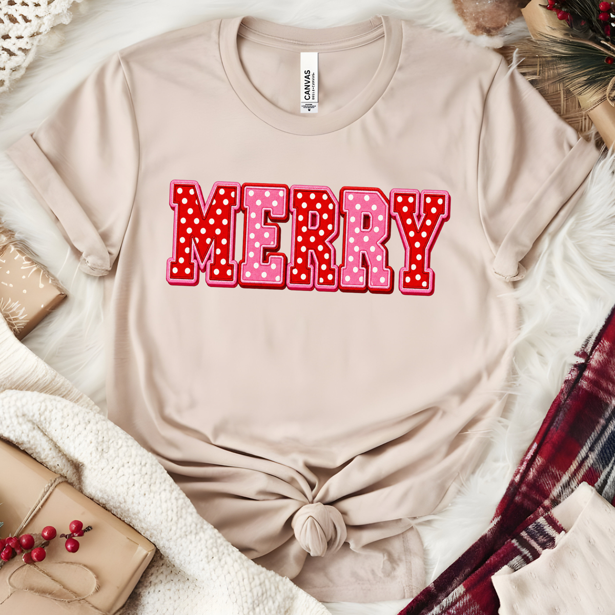 Polka Dot Merry Graphic Tee - Heather Dust