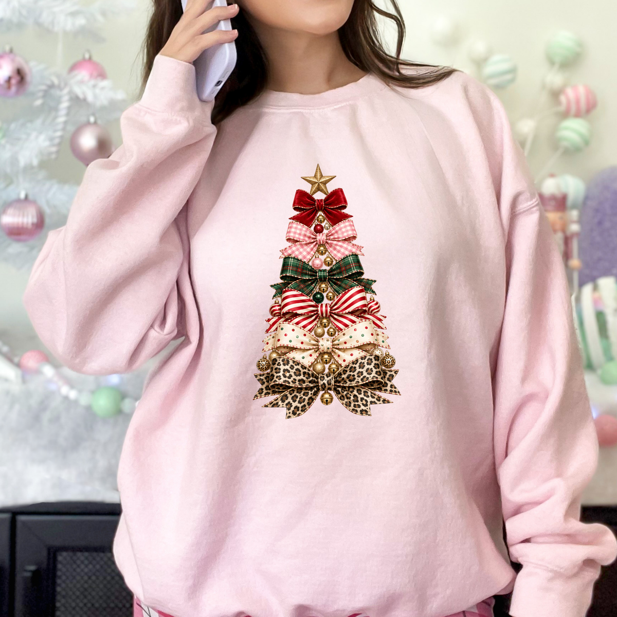 Christmas Bow Tree Graphic Sweatshirt - Light Pink