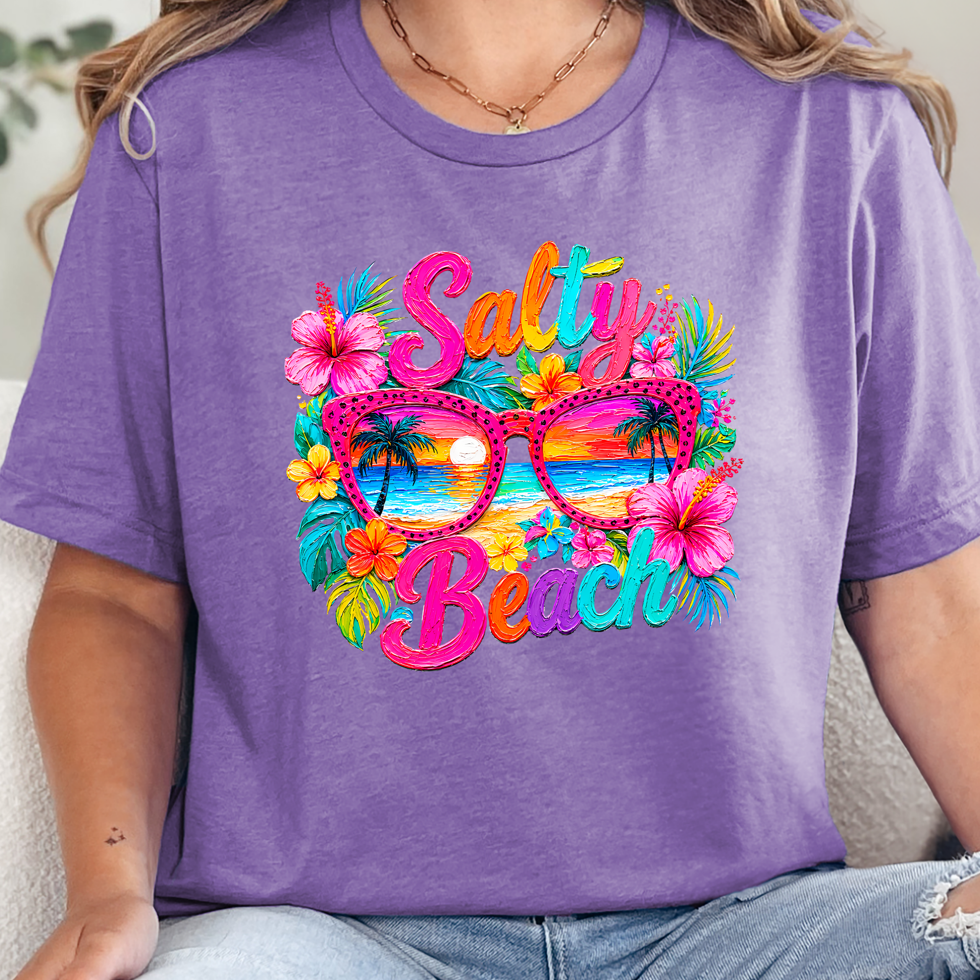 Floral Salty Beach Graphic Tee - Heather Team Purple