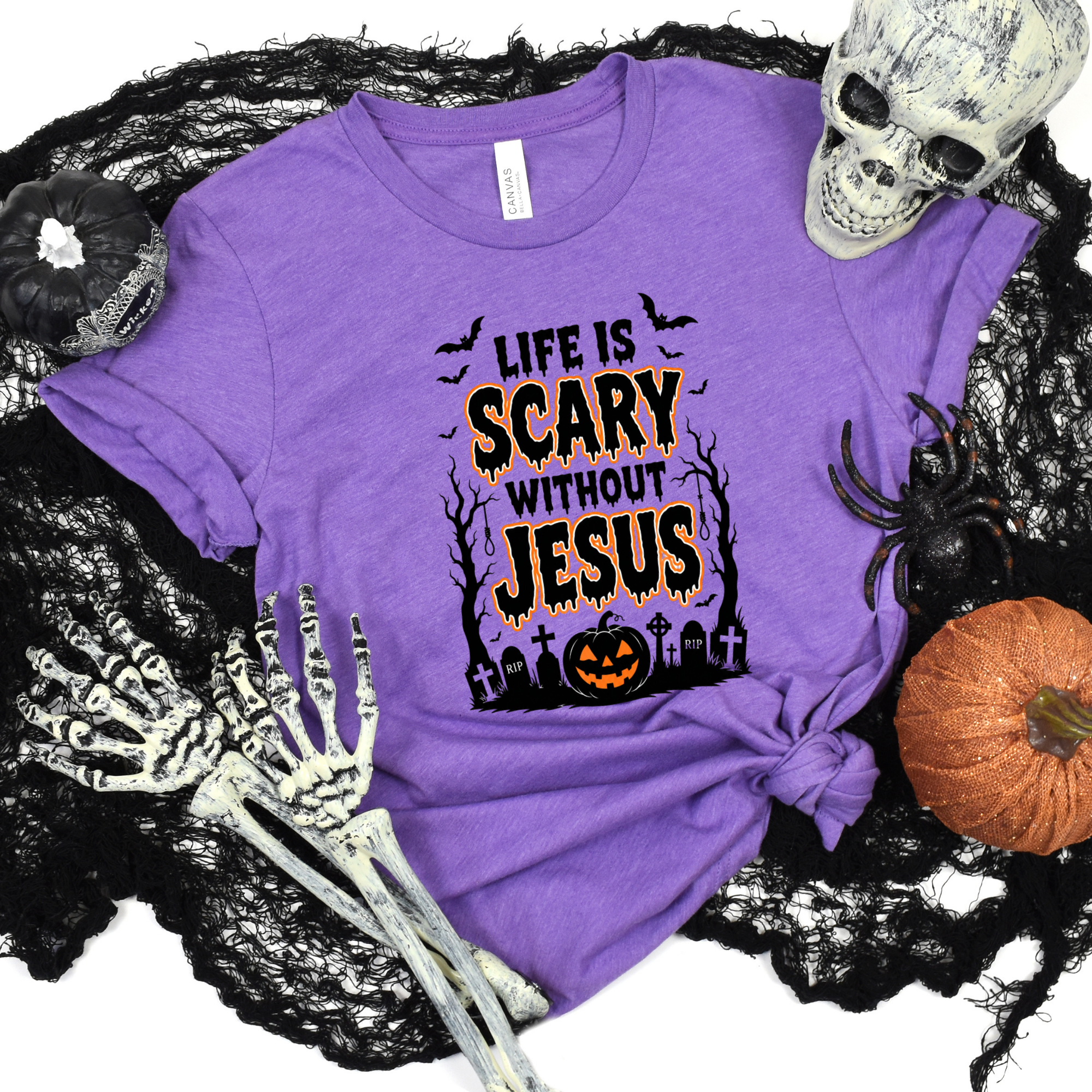 Life Is Scary without Jesus Graphic Tee - Heather Team Purple