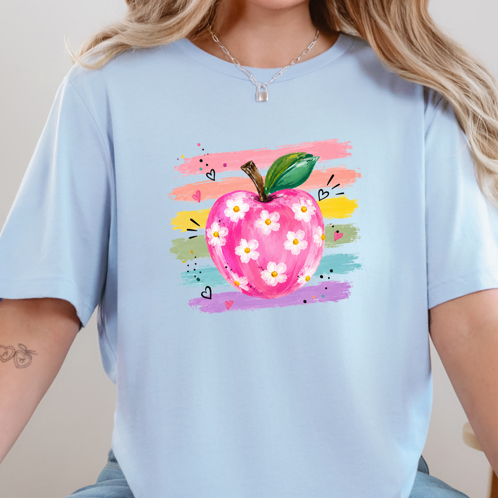 Teacher Watercolor Apple Graphic Tee - Baby Blue