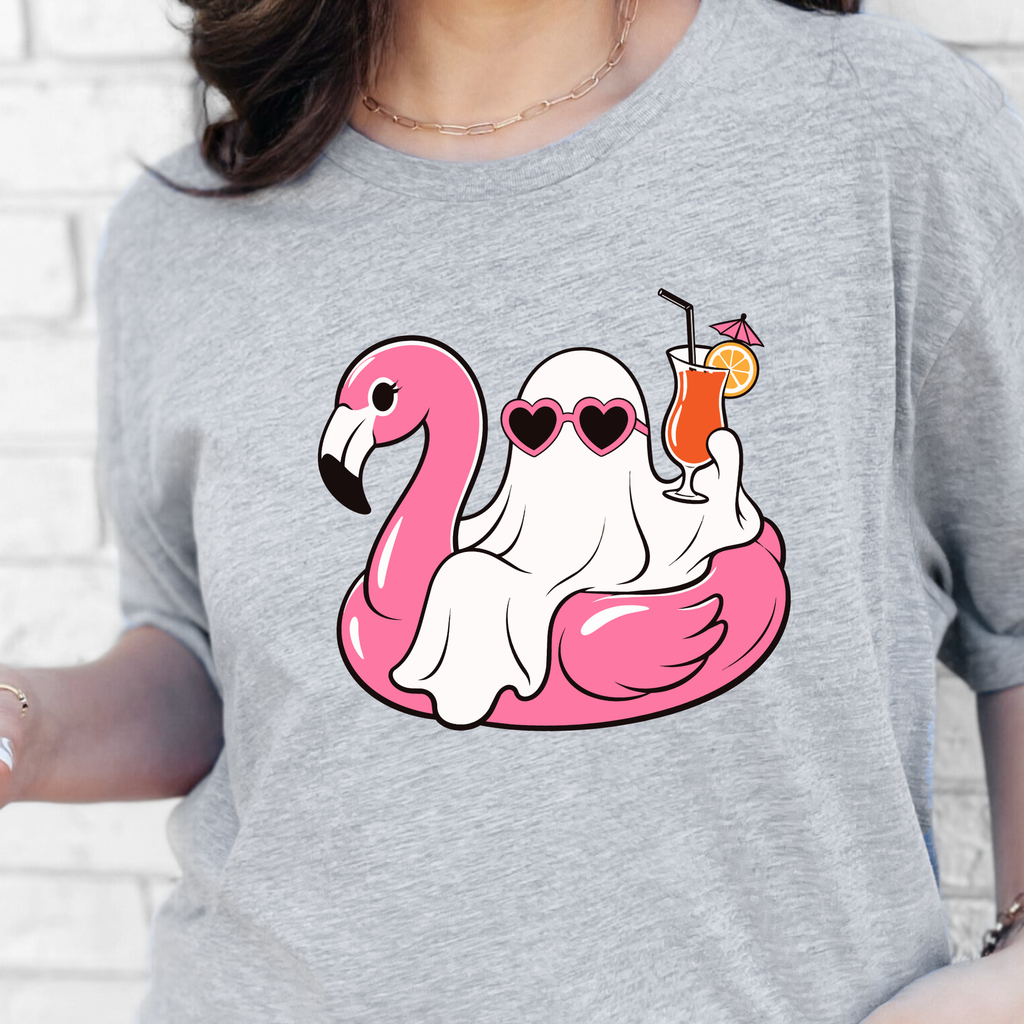 Ghost with Pink Flamingo Graphic Tee - Grey