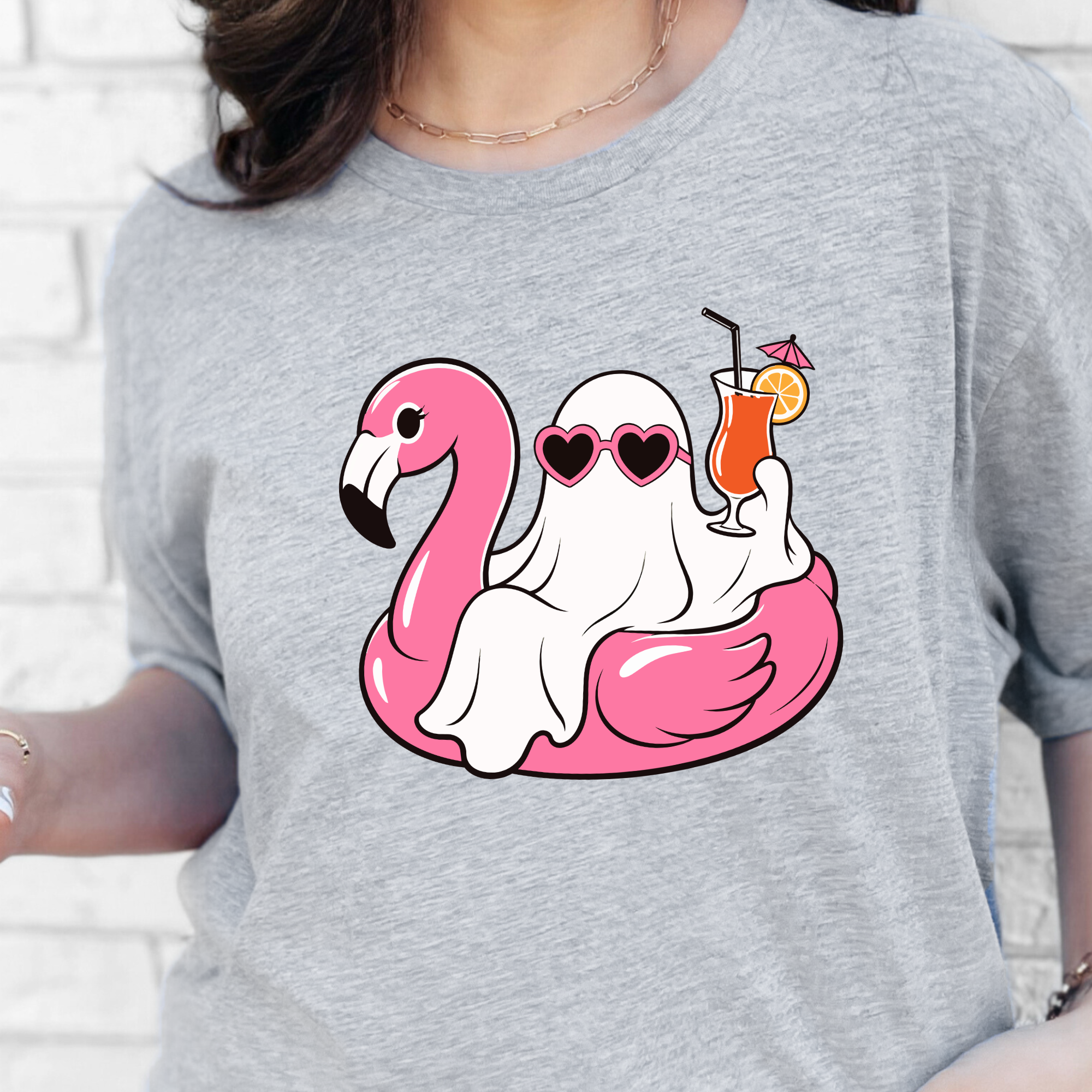 Ghost with Pink Flamingo Graphic Tee - Grey
