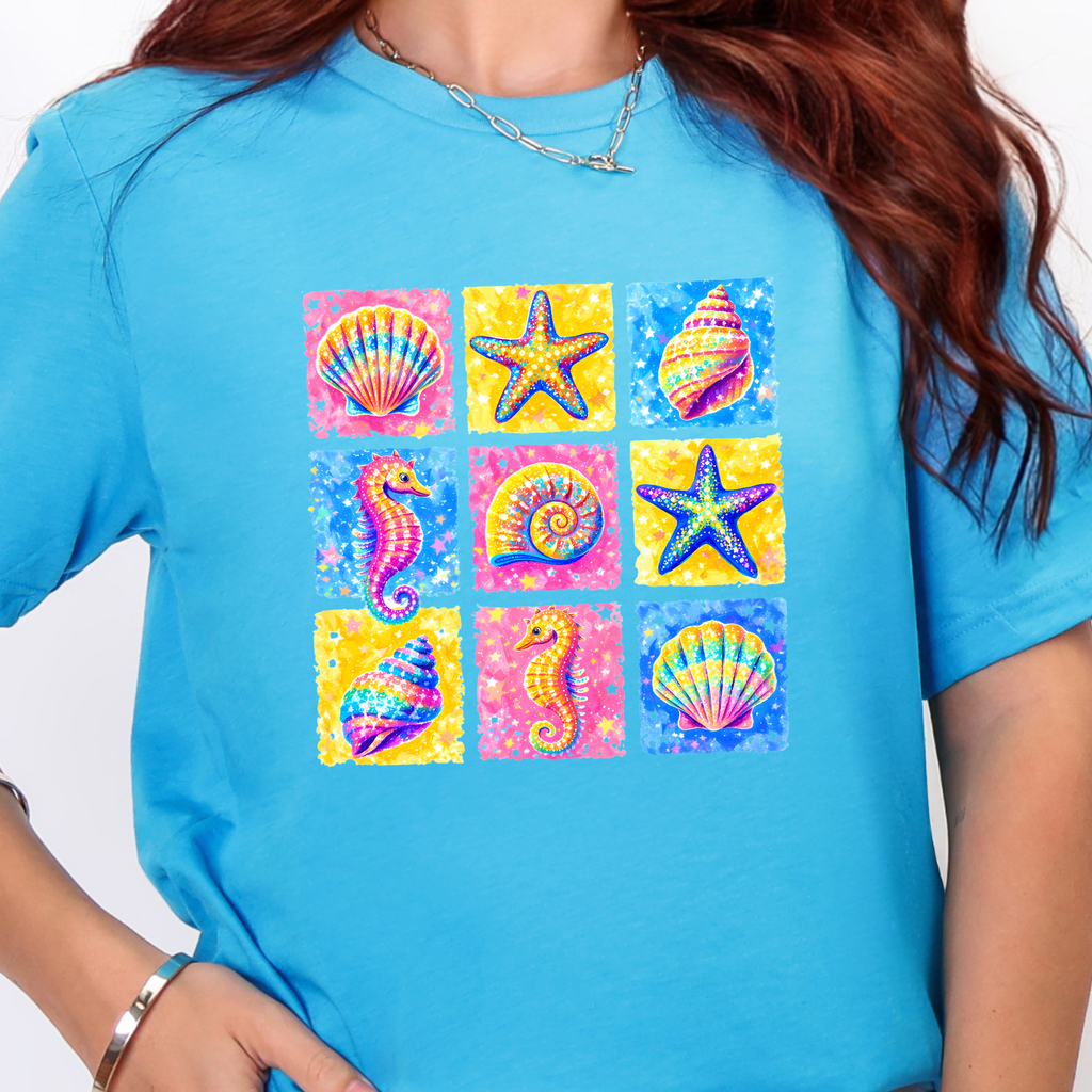 Preppy Summer Grid Graphic Tee - Heather Aqua