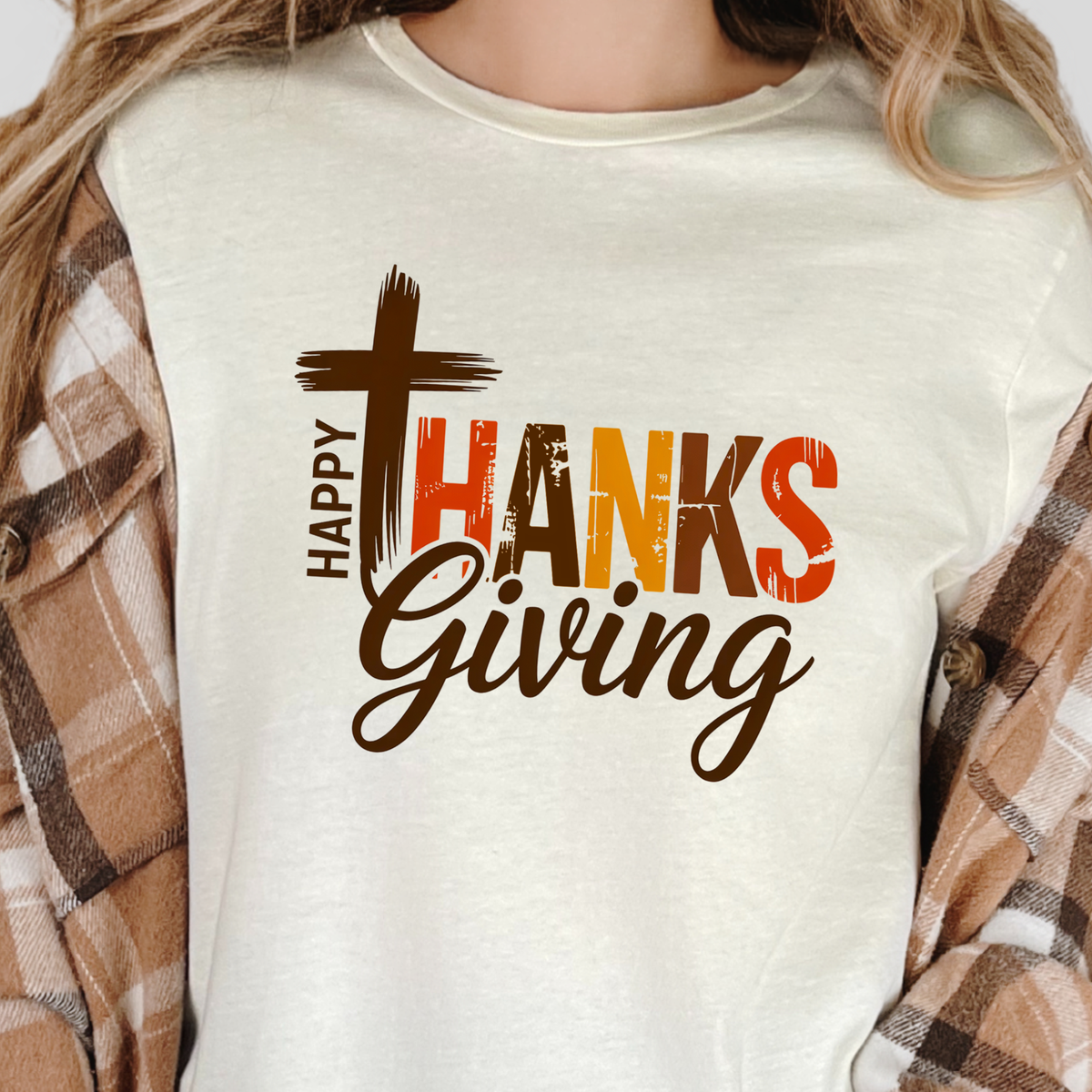Happy Thanksgiving Cross Graphic Tee - Natural