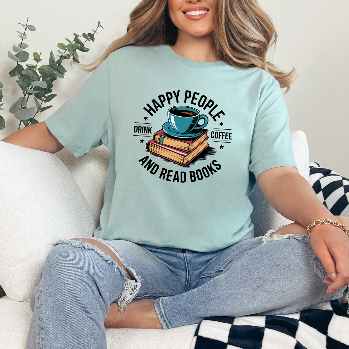 Drink Coffee & Read Books Graphic Tee - Dusty Blue Tee