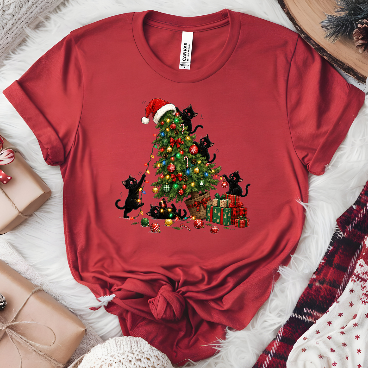 Black Cat Christmas Tree Graphic Tee - Heather Canvas Red