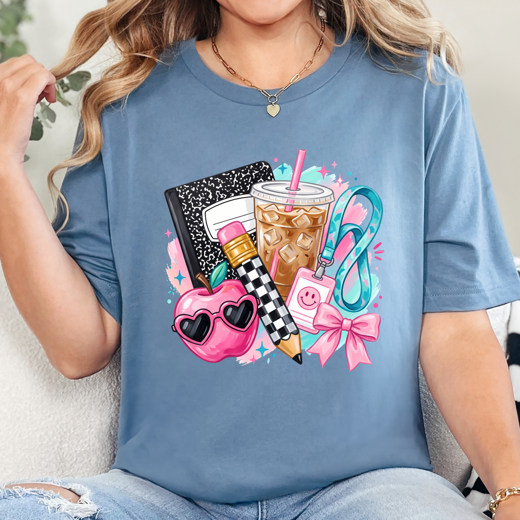 Preppy Back to School Graphic Tee - Steel Blue