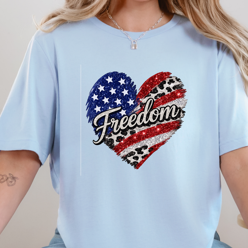 Freedom Flag Cow Print Graphic Tee - Baby Blue