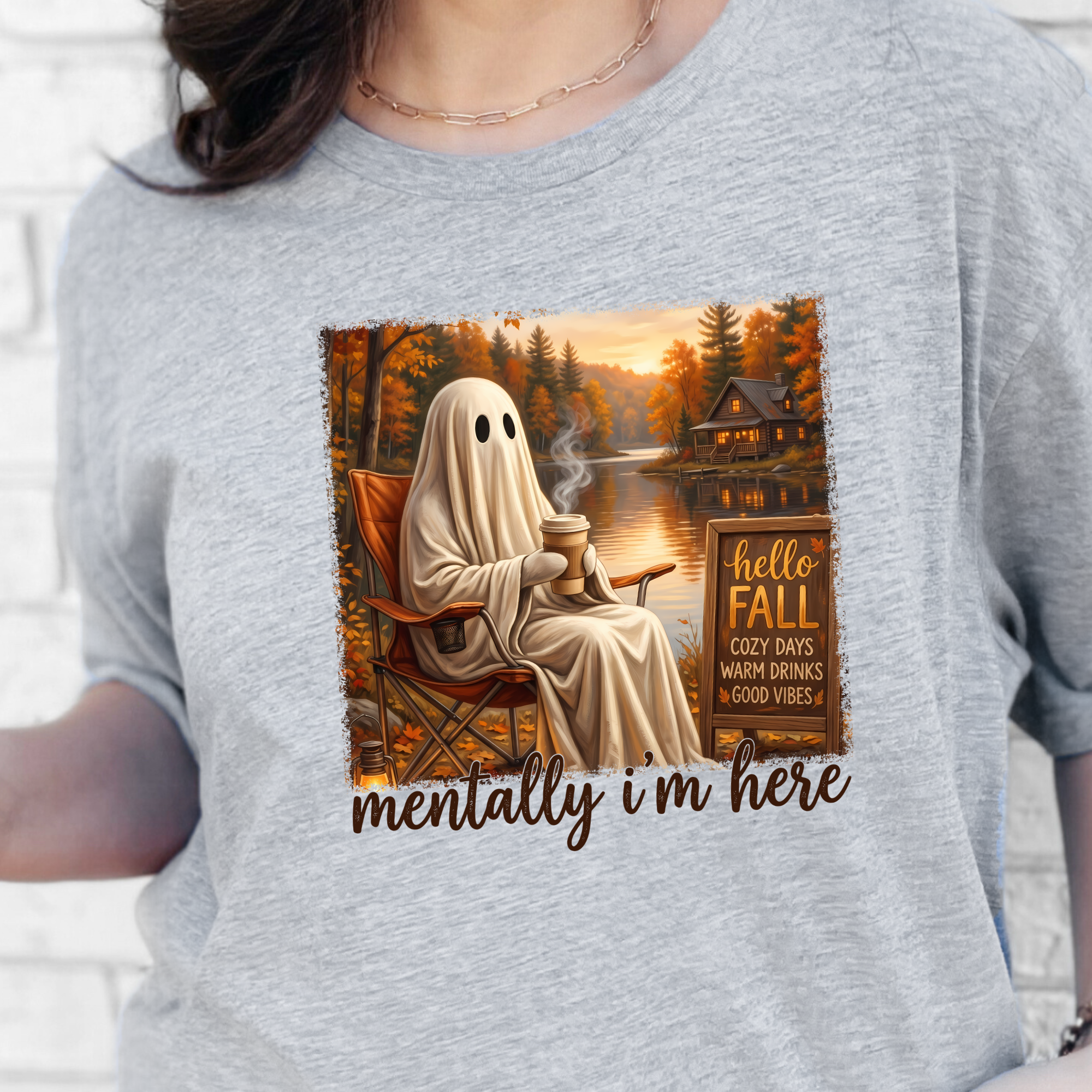 Fall Mentally I'm Here Graphic Tee - Grey