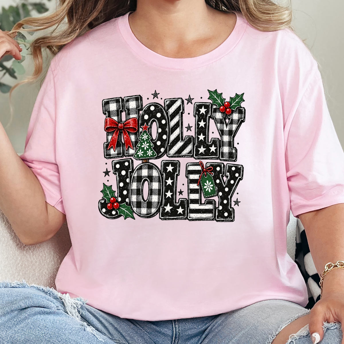 Holly Jolly Plaid Christmas Graphic Tee - Soft Pink