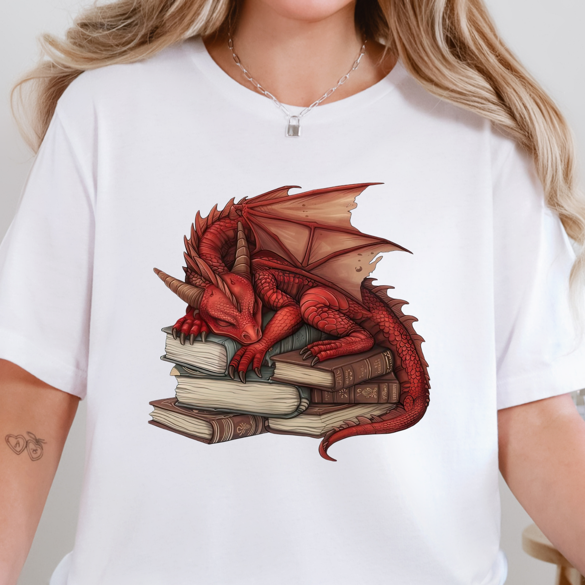 Dragon Sleeping on Books Graphic Tee - Red Dragon on White