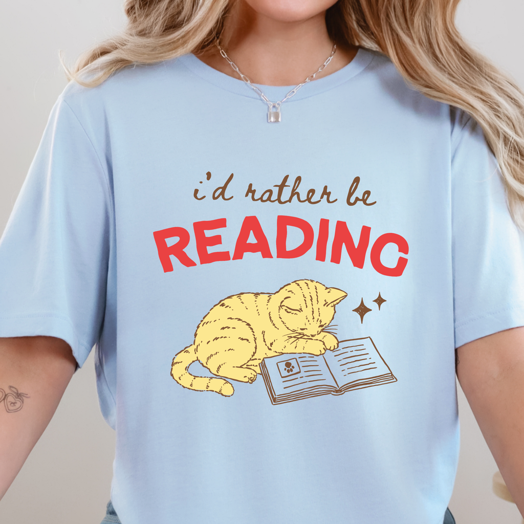 I'd Rather Be Reading Cat Graphic Tee - Baby Blue