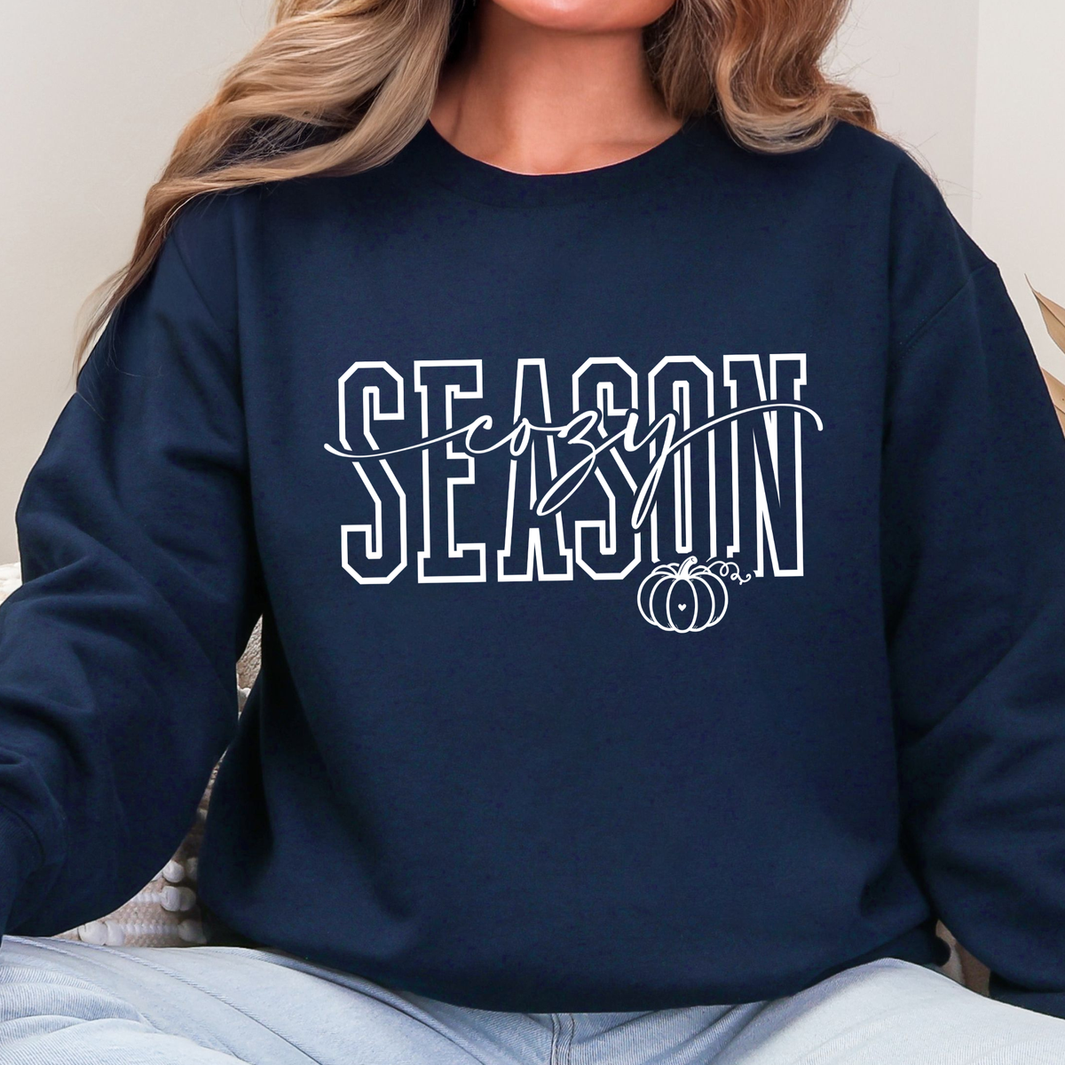 Cozy Season White Graphic Sweatshirt - Navy