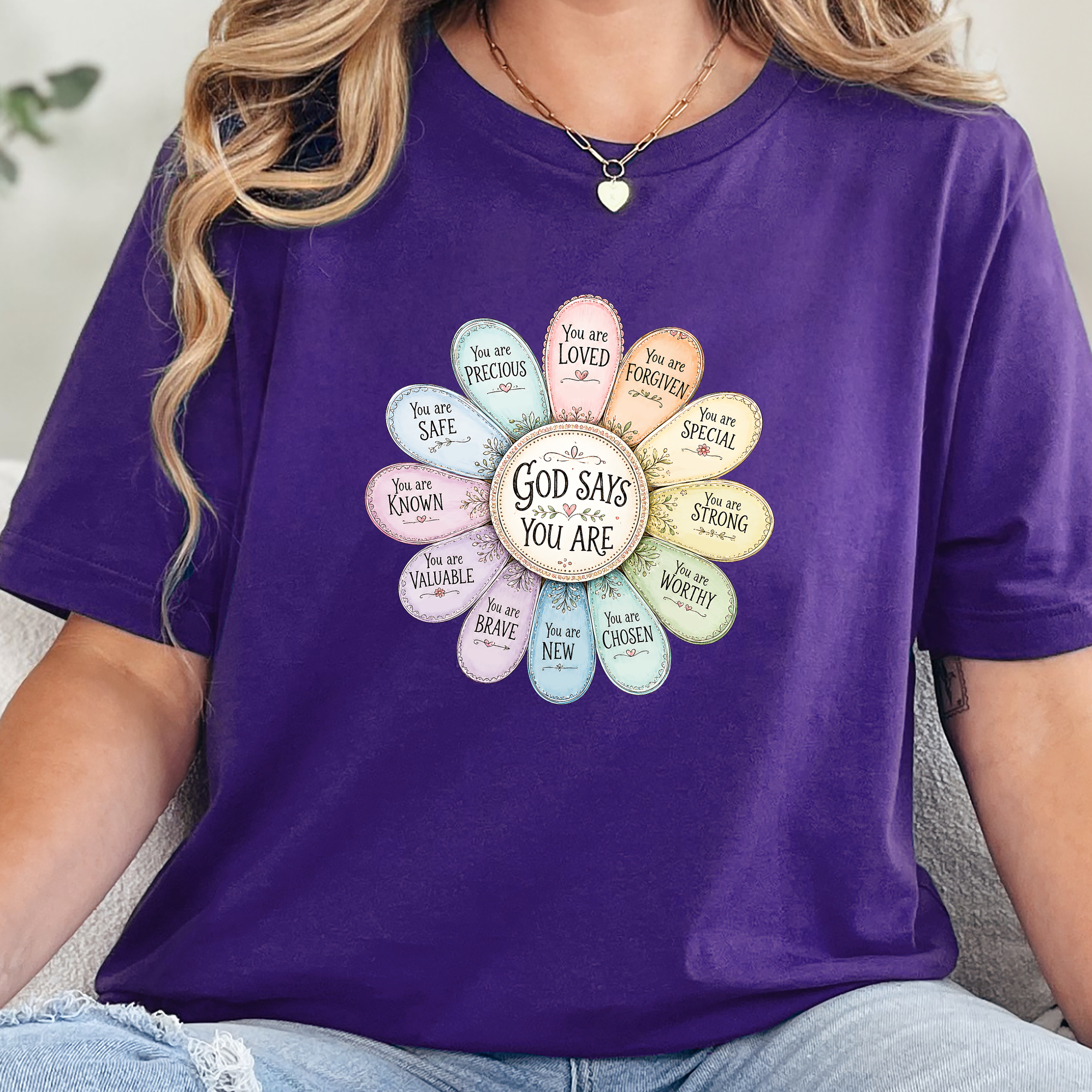 God Says You Are Daisy Graphic Tee - Team Purple