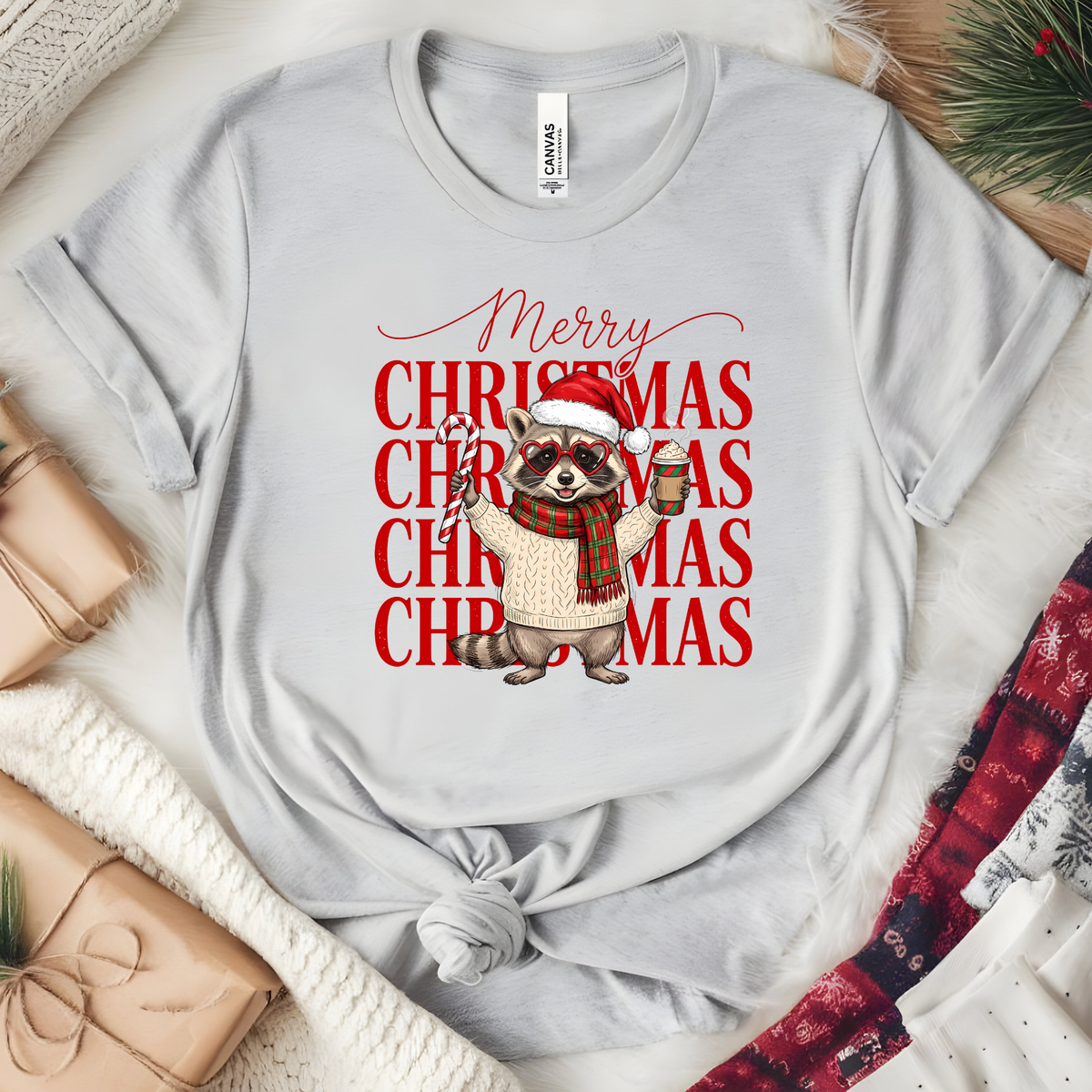 Merry Christmas Raccoon Graphic Tee - Heather Cool Grey