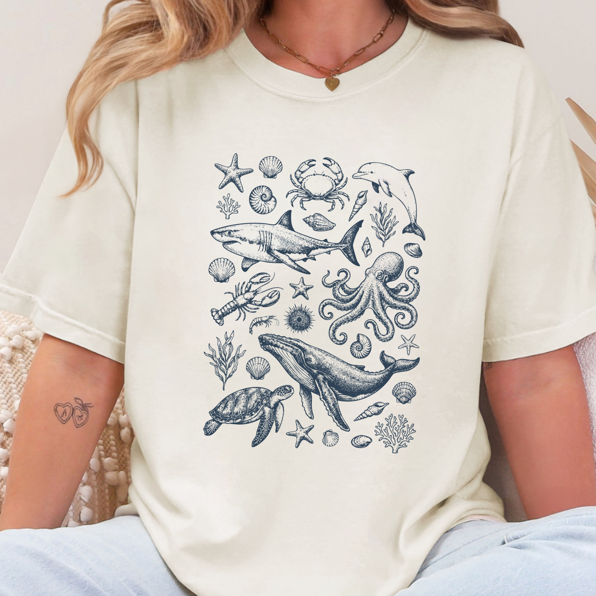 Summer Coastal Ocean Life Graphic Tee - Ivory