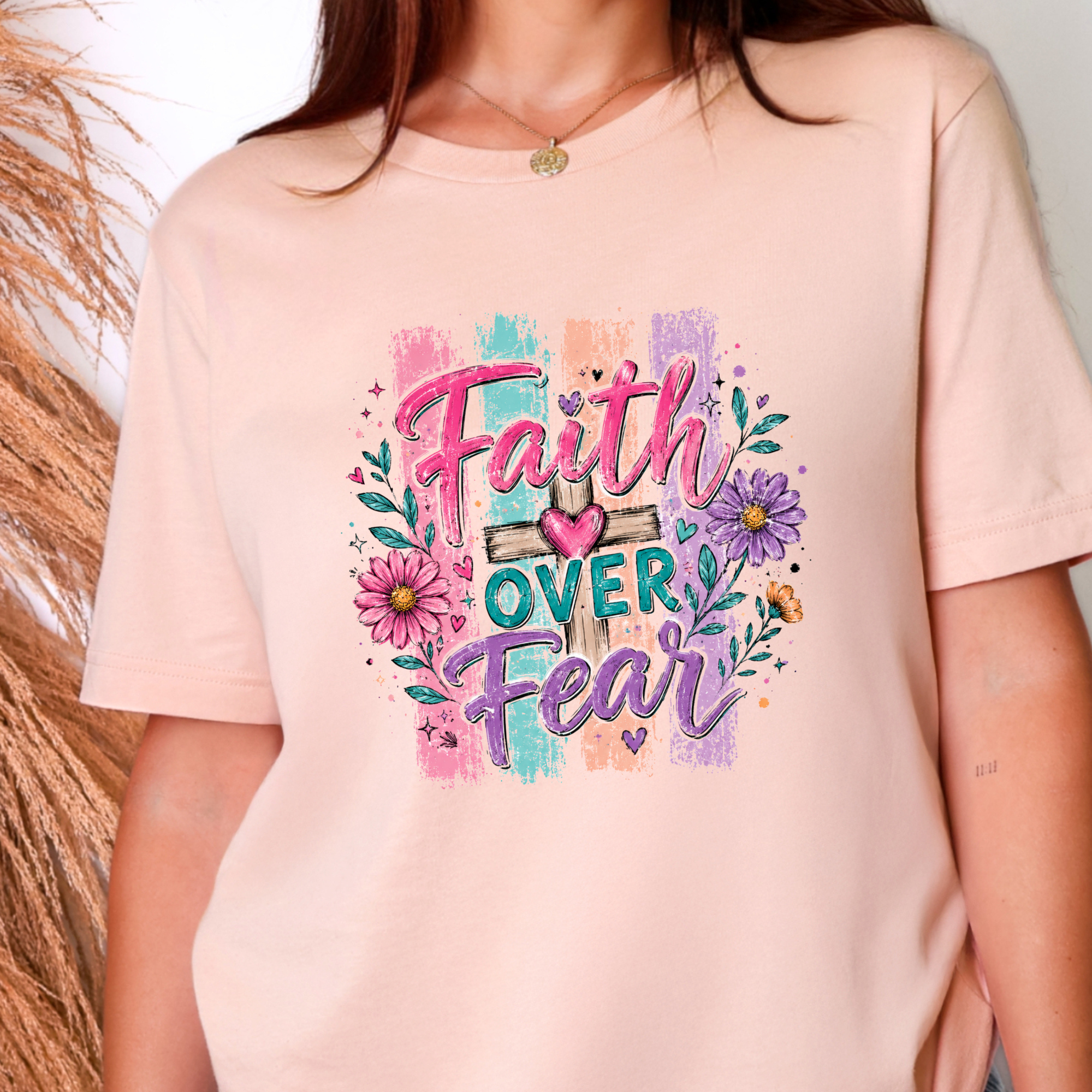 Faith Over Fear Purple Graphic Tee - Peach