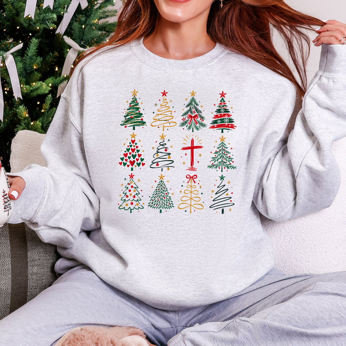 Christmas Tree Grid Graphic Sweatshirt - Ash
