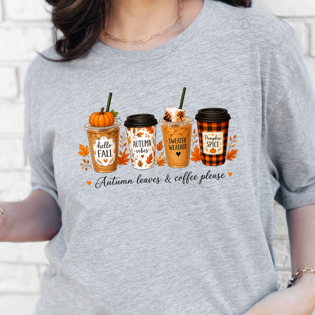 Autumn Leaves & Coffee Please Graphic Tee - Grey