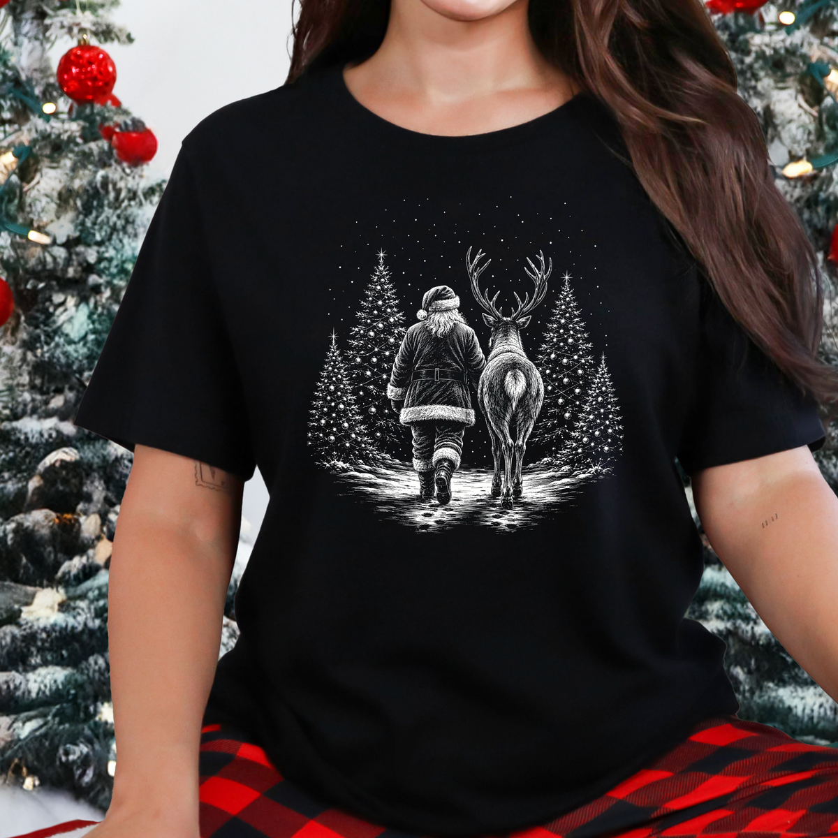 Retro Christmas Santa Reindeer Graphic Tee - Black