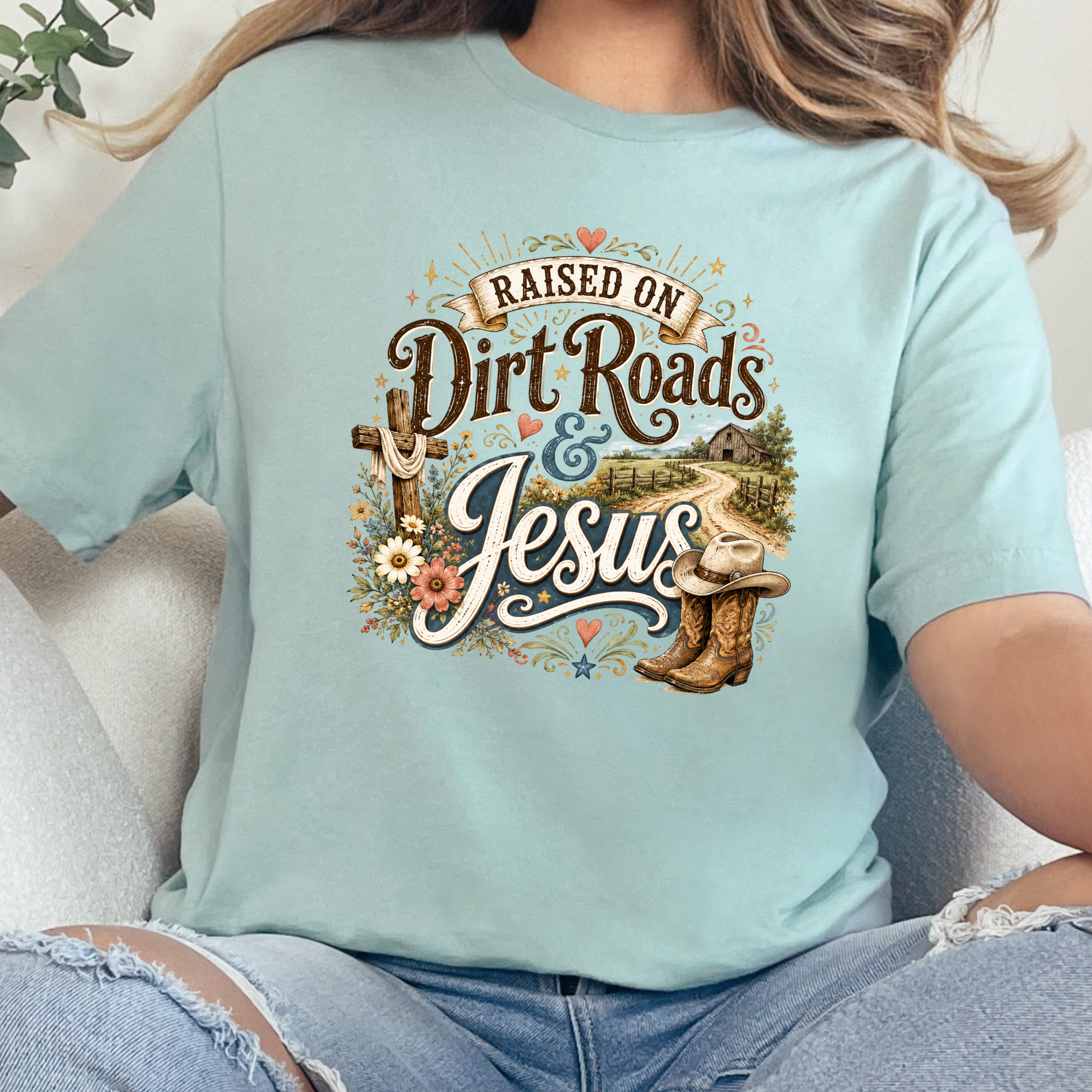 Raised on Dirt Roads & Jesus Graphic Tee - Dusty Blue