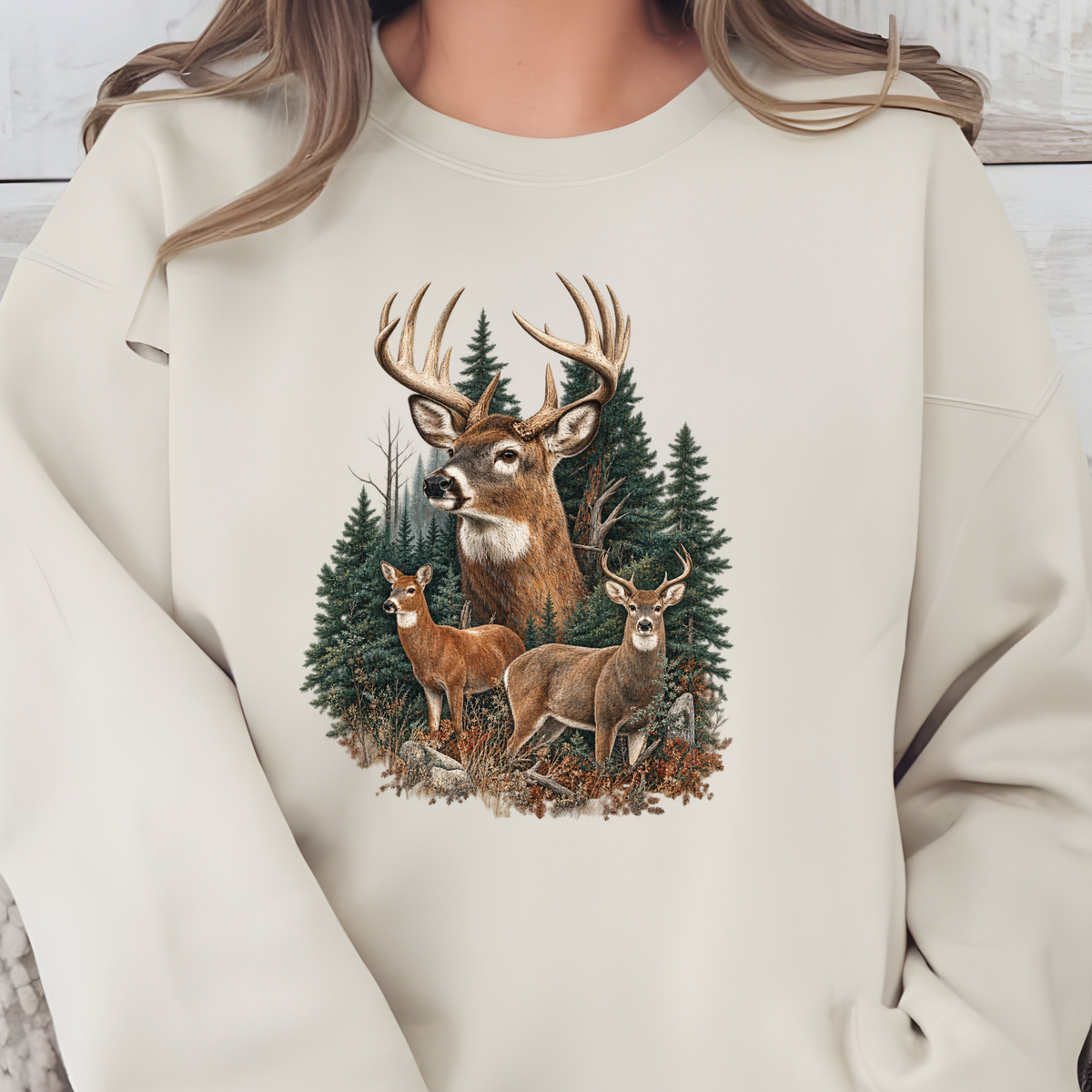 Forest Three Deer Graphic Sweatshirt - Sand