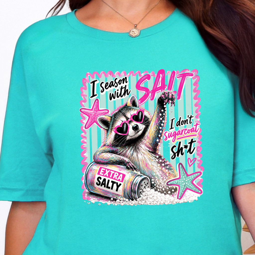 Season with Salt Raccoon Graphic Tee - Heather Sea Green