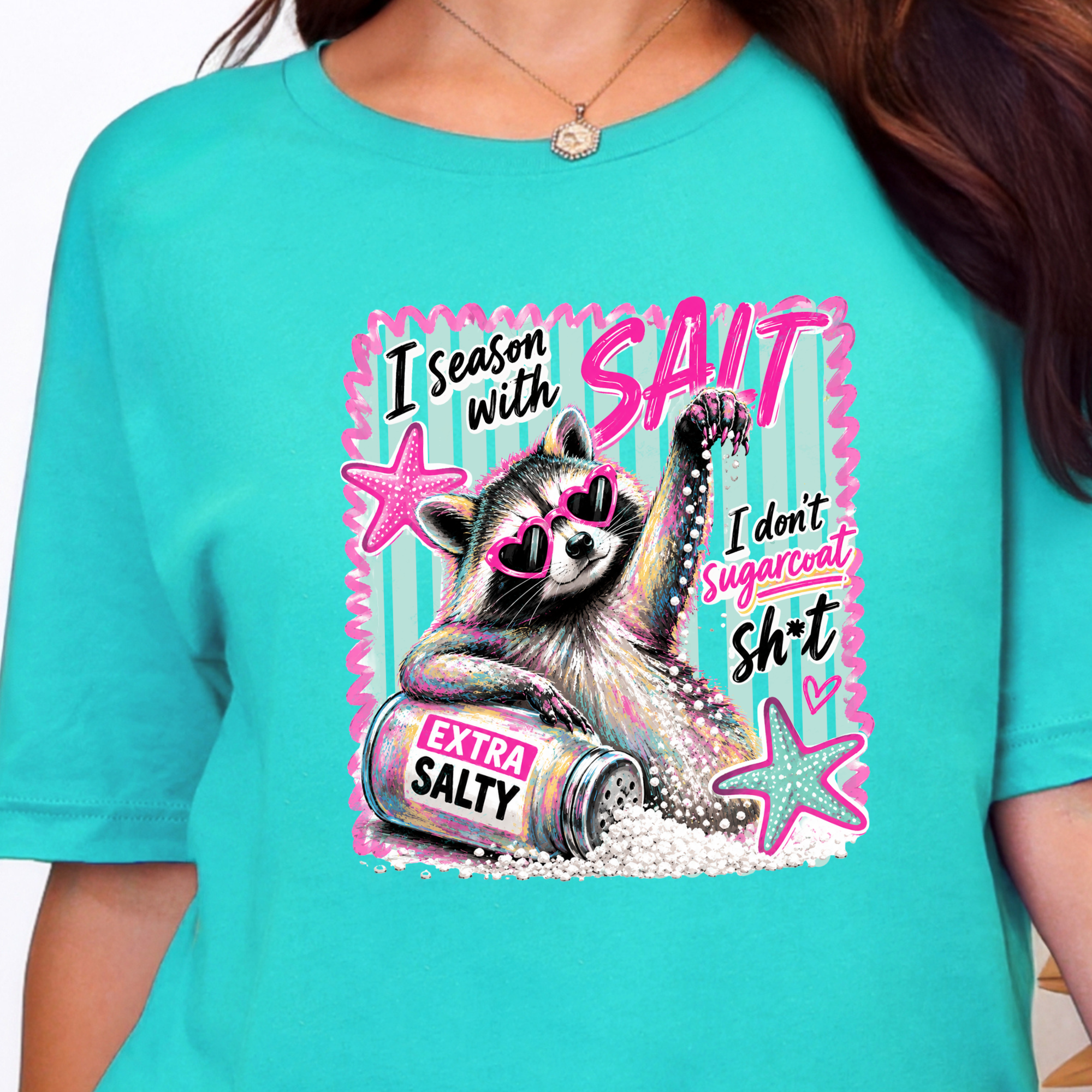 Season with Salt Raccoon Graphic Tee - Heather Sea Green