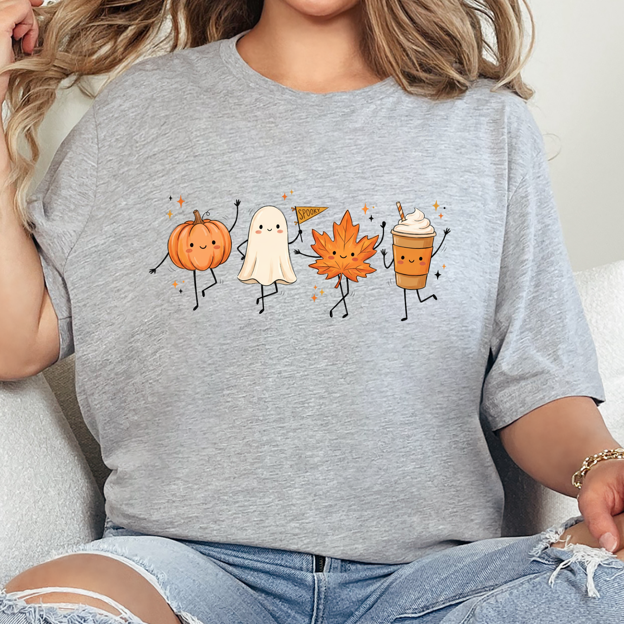 Dancing Fall Friends Graphic Tee - Grey