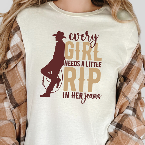 A Little Rip in her Jeans Graphic Tee - Natural