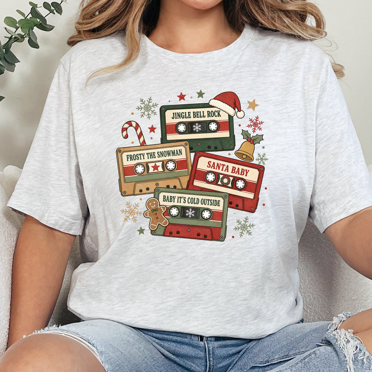 Vintage Christmas Cassettes Graphic Tee - Ash