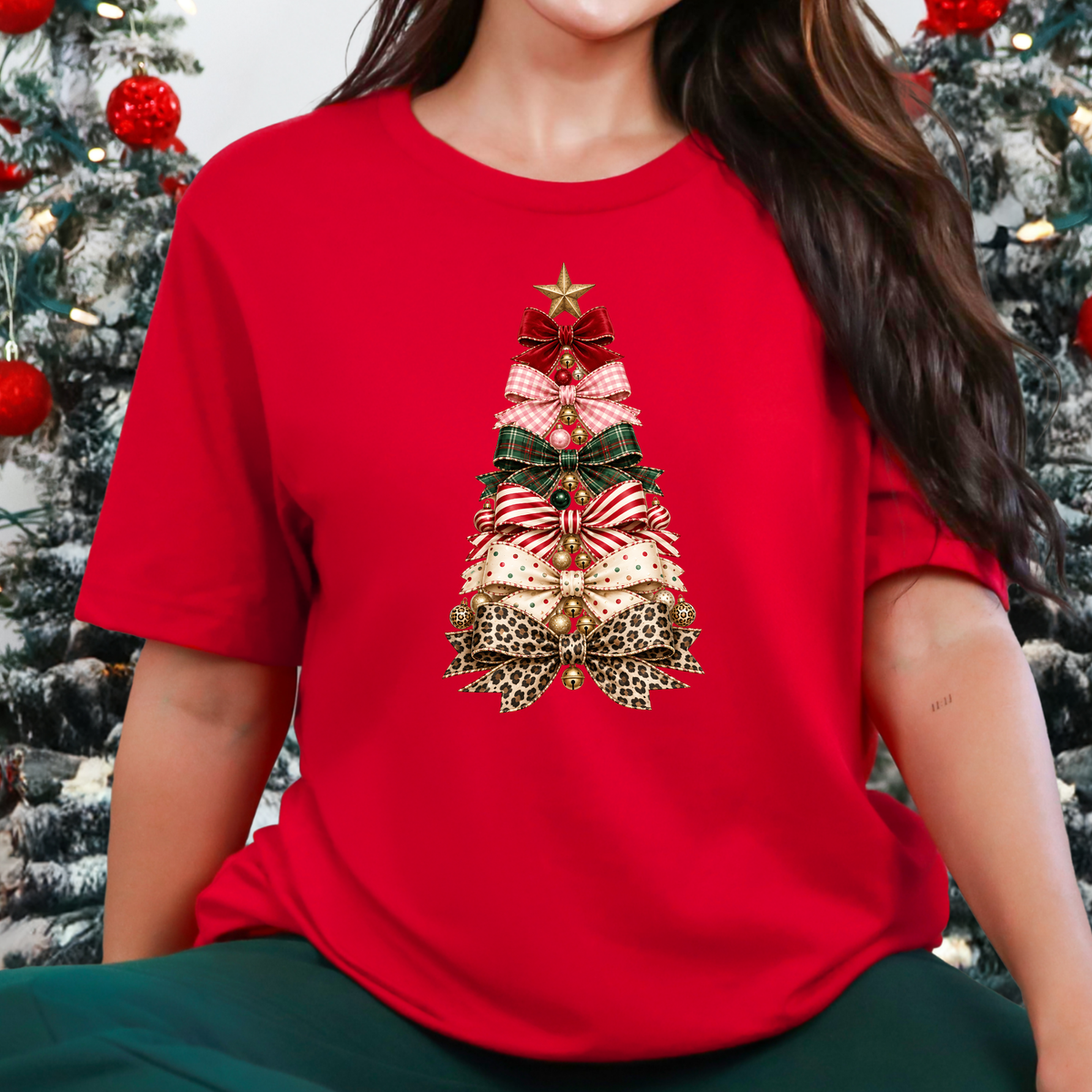 Christmas Bow Tree Graphic Tee - Red