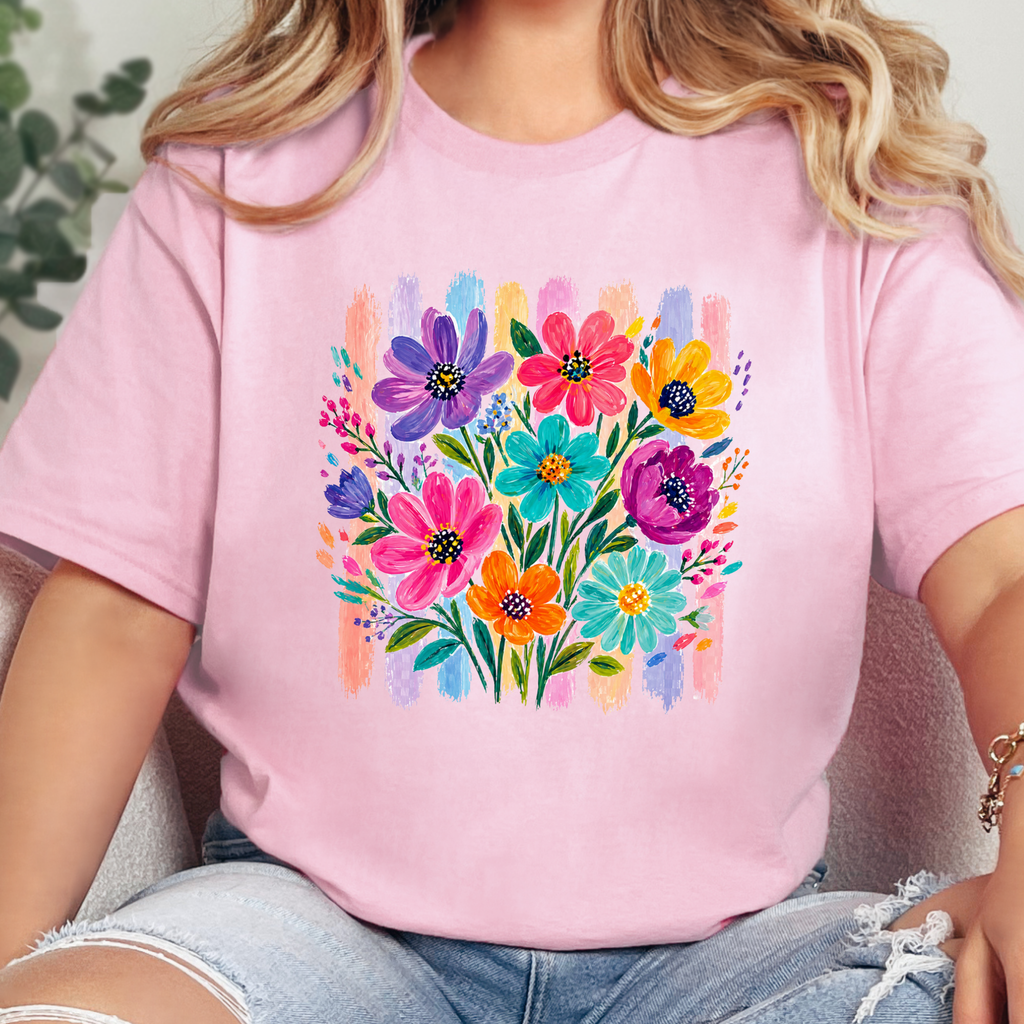 Boho Floral Brushstroke Graphic Tee - Pink