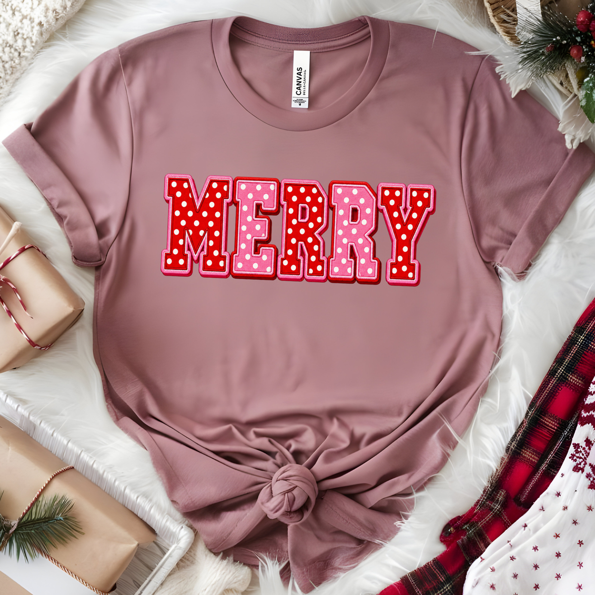 Polka Dot Merry Graphic Tee - Heather Mauve