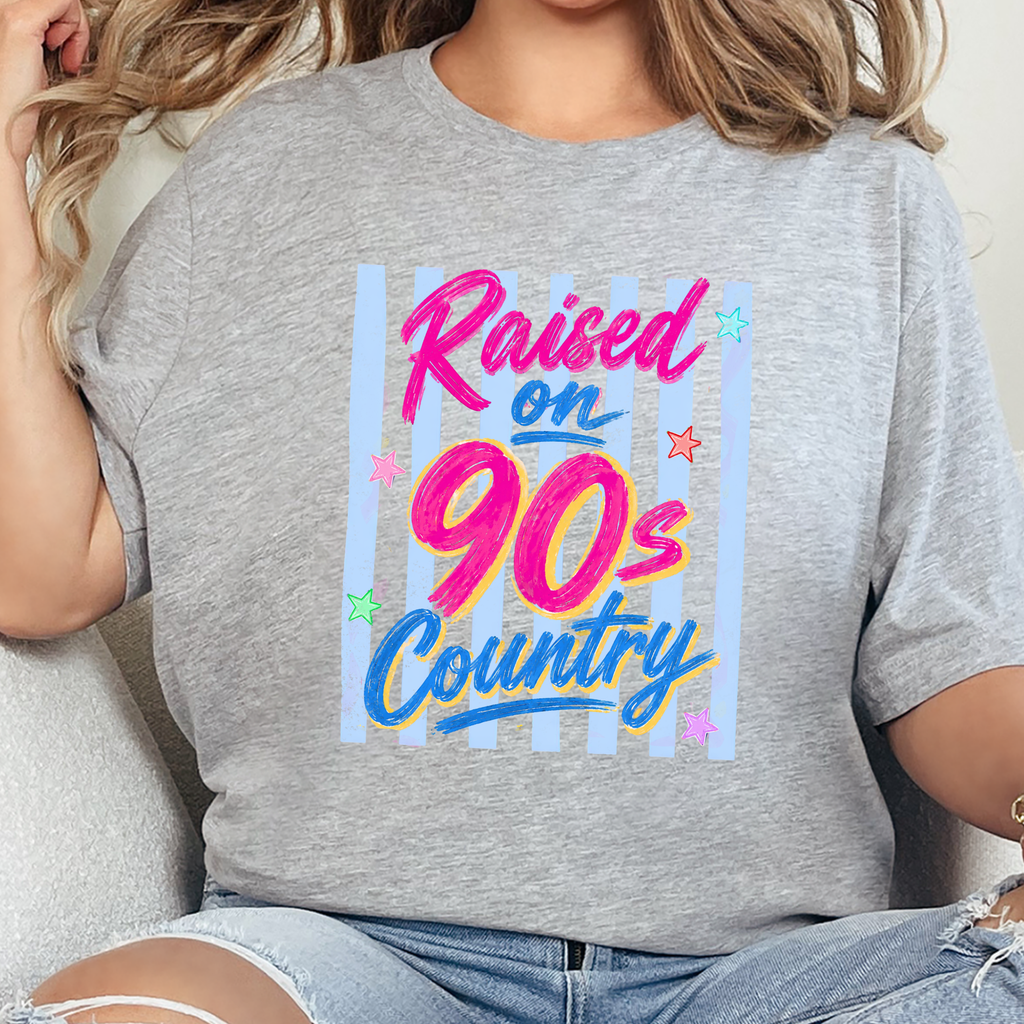 Raised on 90s Country Stripes Graphic Tee - Grey