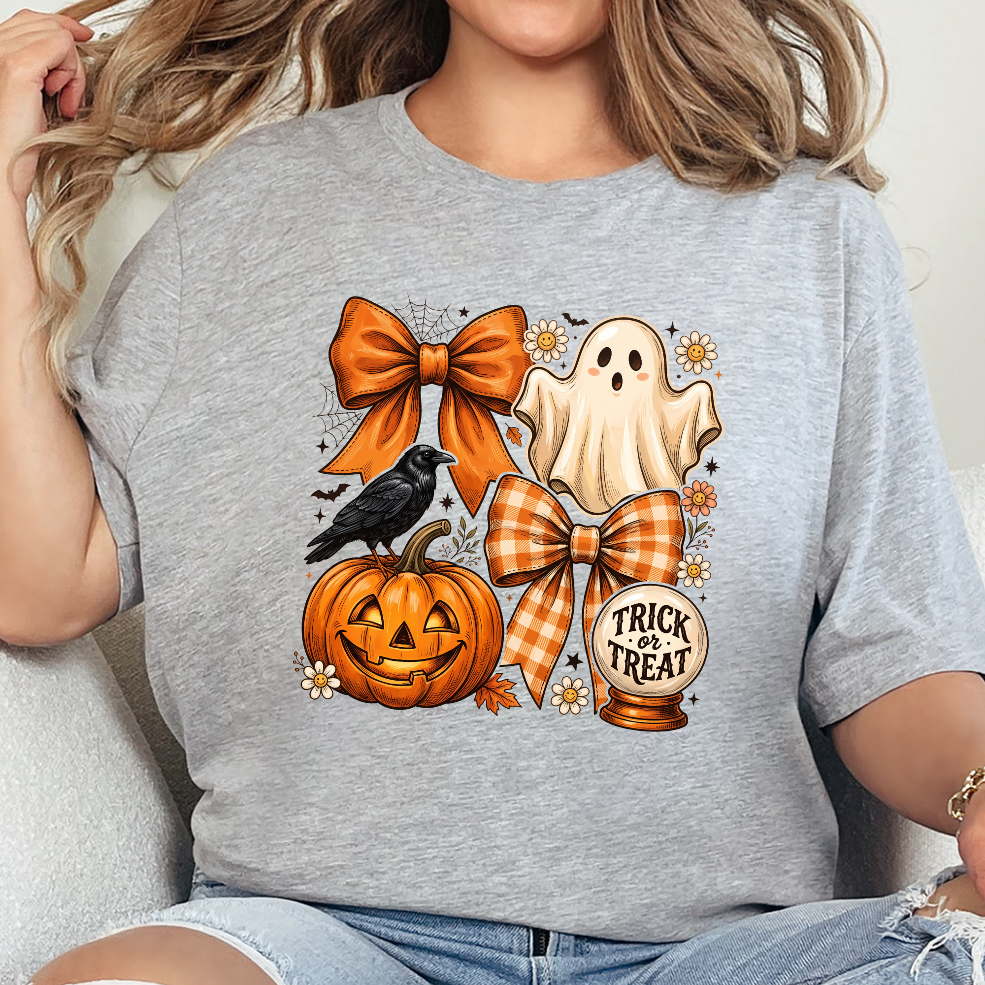 Preppy Halloween Coquette Ghost Graphic Tee - Grey